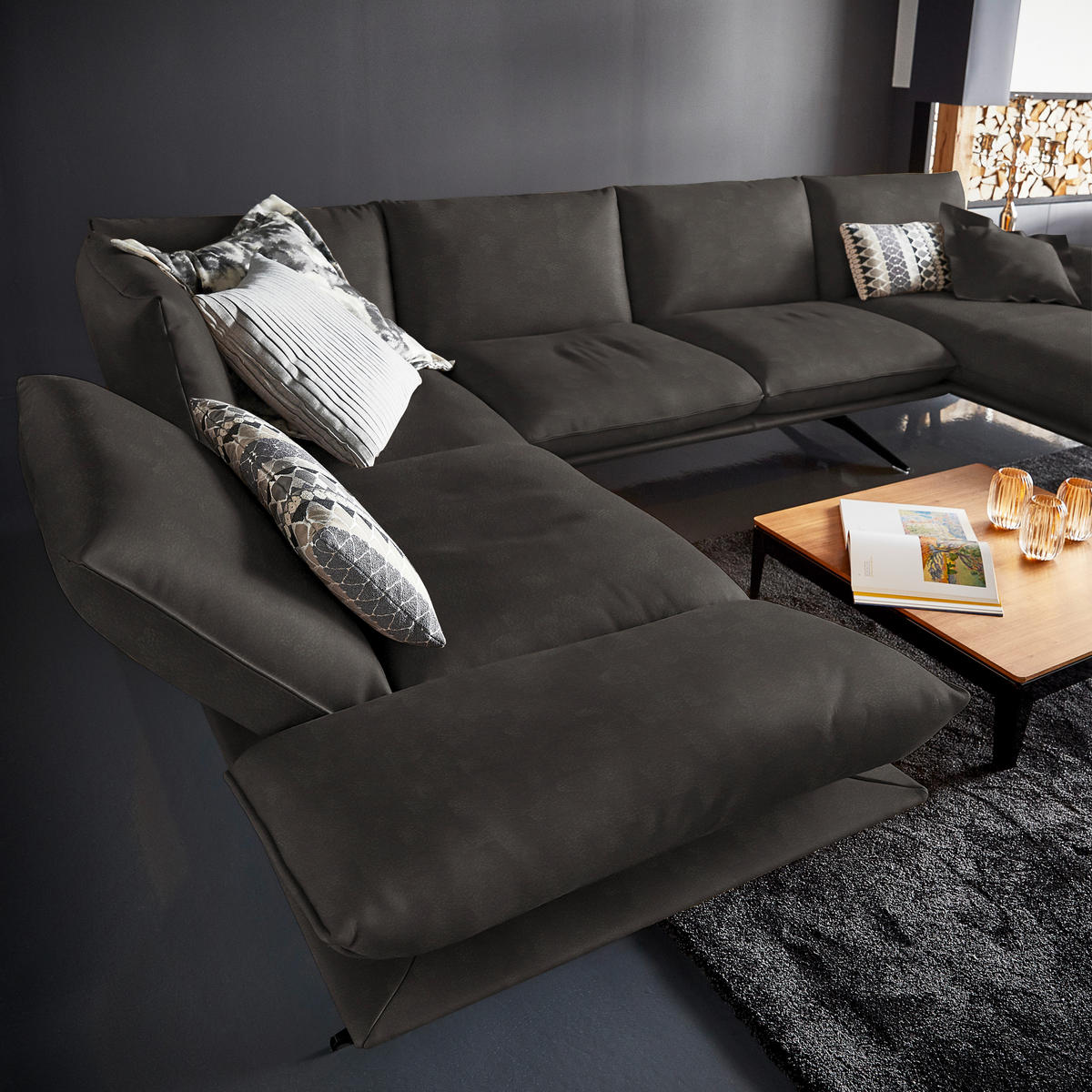 WOHNLANDSCHAFT in Echtleder Graubraun  - Graubraun/Schwarz, Natur, Leder/Metall (217/359/155cm) - Dieter Knoll