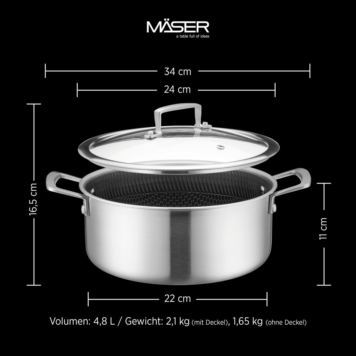 KOCHTOPF HESTIA KERAMIK 4,8 l  - Silberfarben/Schwarz, Basics, Metall (24/16,5cm) - Mäser