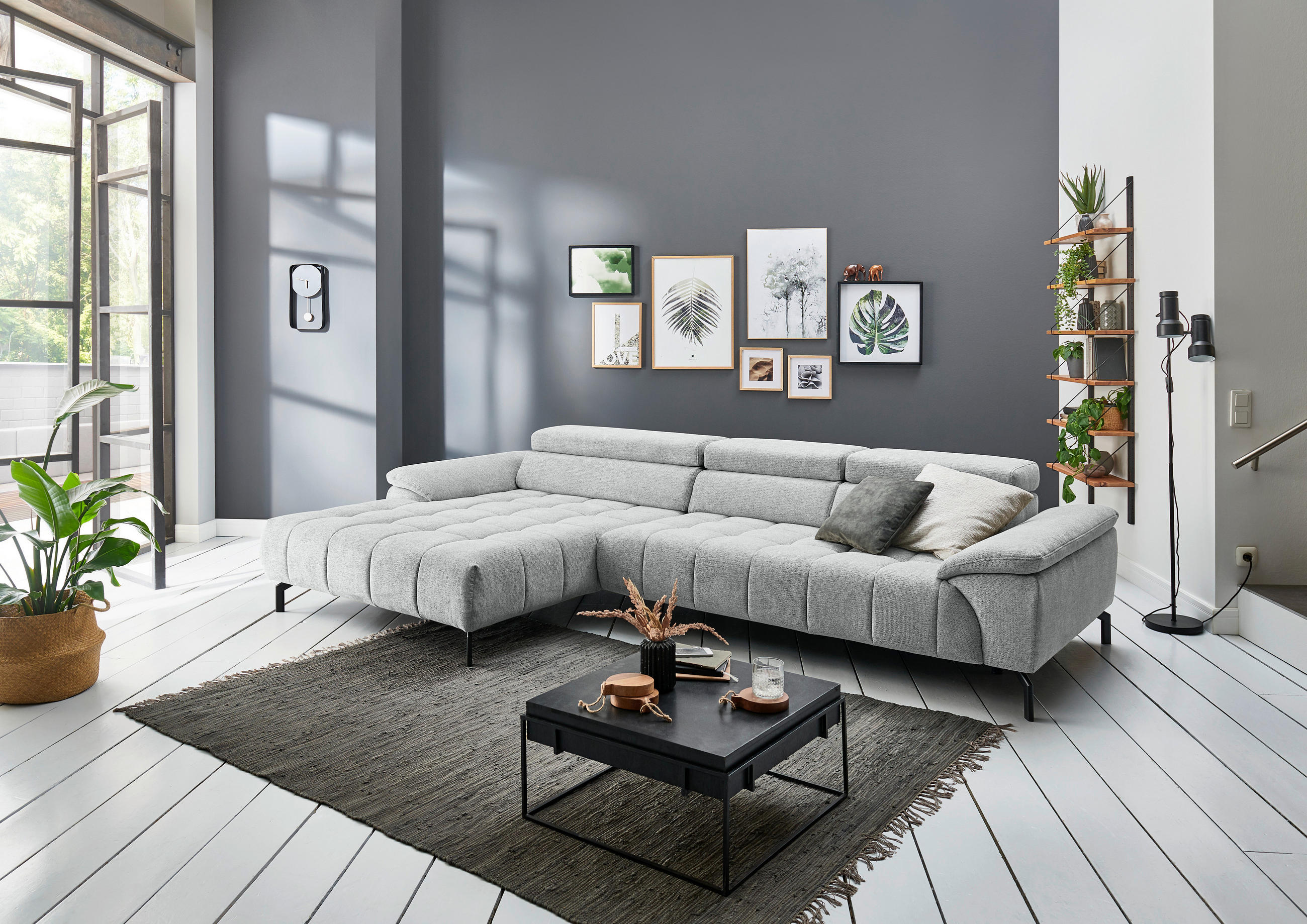 ECKSOFA Grauweiß Chenille  - Grauweiß/Schwarz, Design, Textil/Metall (190/329cm) - Beldomo Style