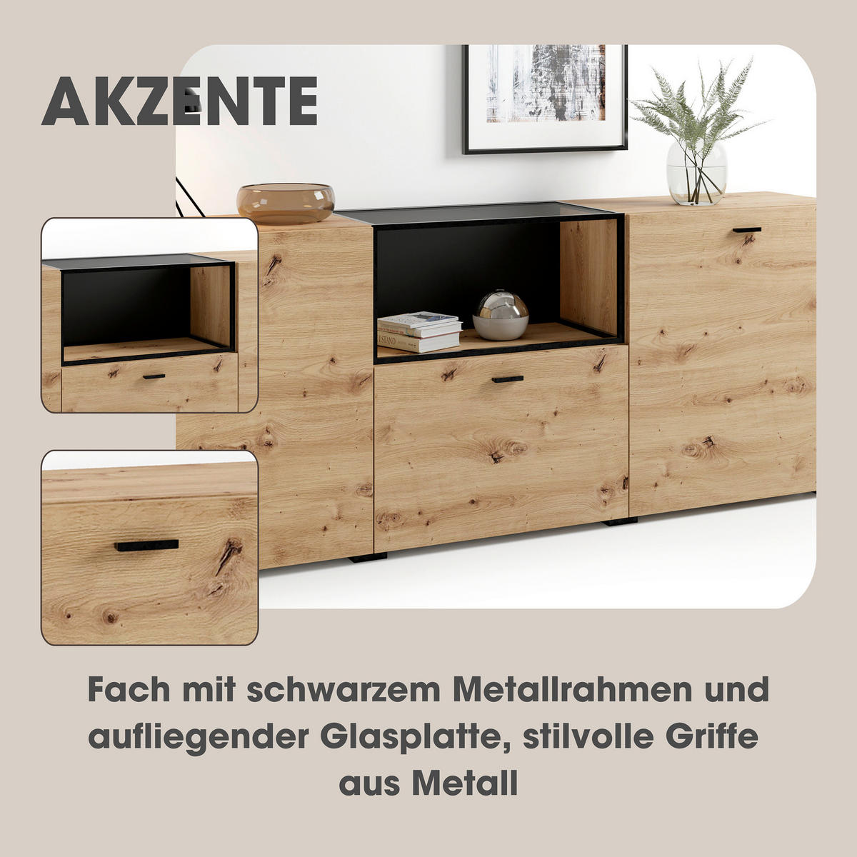 SIDEBOARD  in 200/75,5/37,5 cm  - Schwarz/Eiche Artisan, Design, Holzwerkstoff/Kunststoff (200/75,5/37,5cm) - MID.YOU