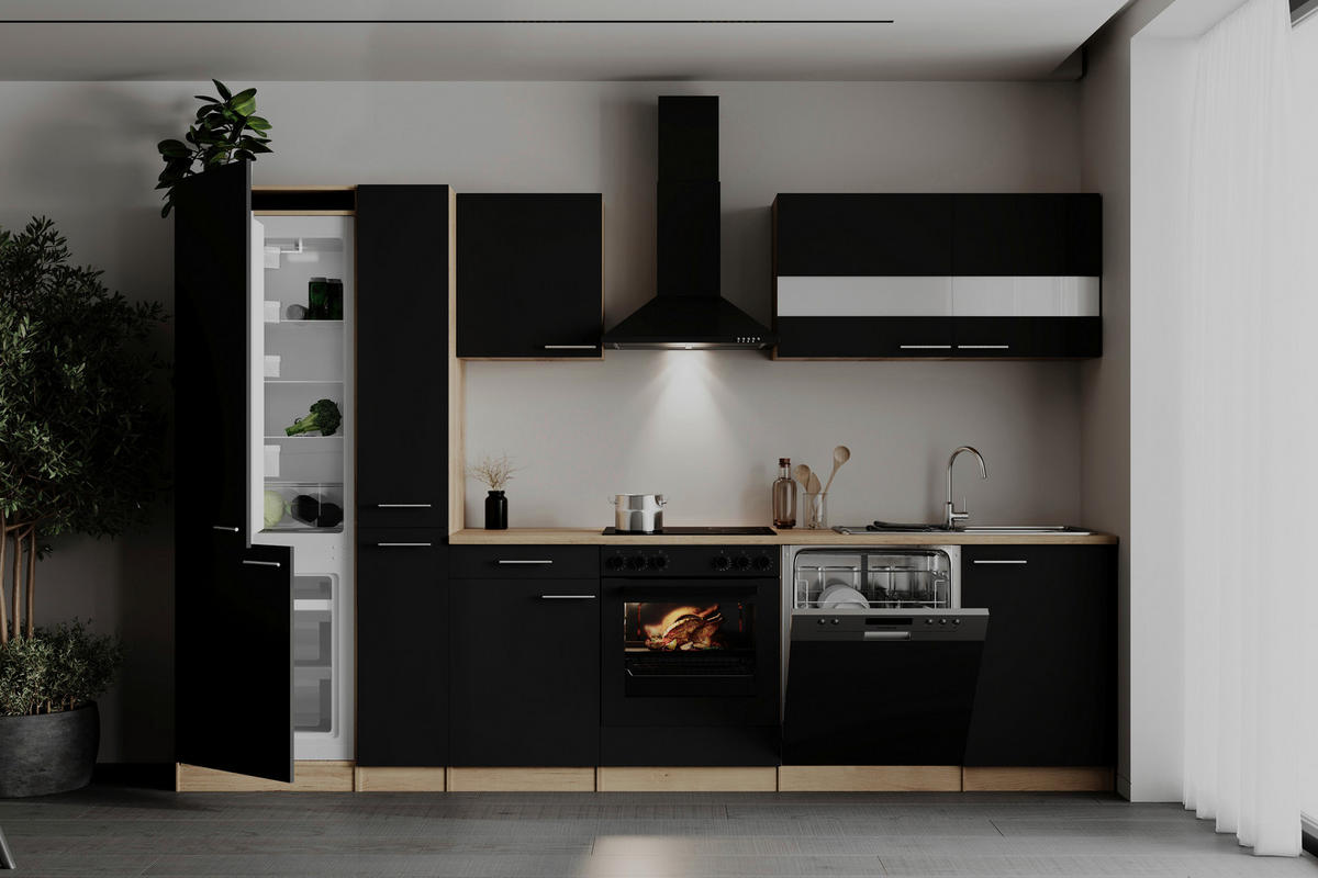 KÜCHENBLOCK 310 cm   in Schwarz  - Edelstahlfarben/Eichefarben, Basics, Holzwerkstoff/Metall (310cm) - Respekta