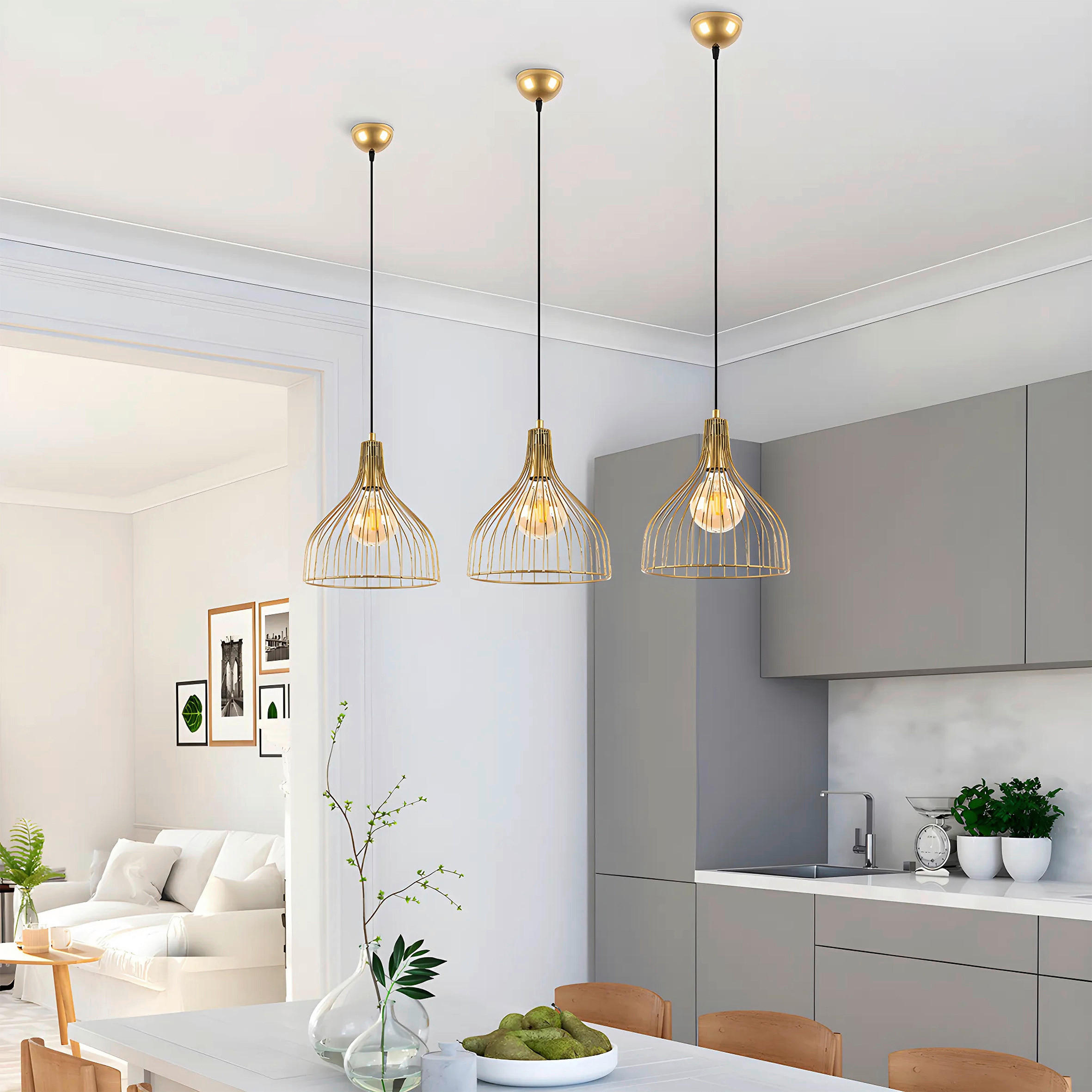 Thumbnail - P & B Hängeleuchte, Gold, Metall, 123 cm, CE, höhenverstellbar, mit Behang, Lampen & Leuchten, Innenbeleuchtung, Hängela...