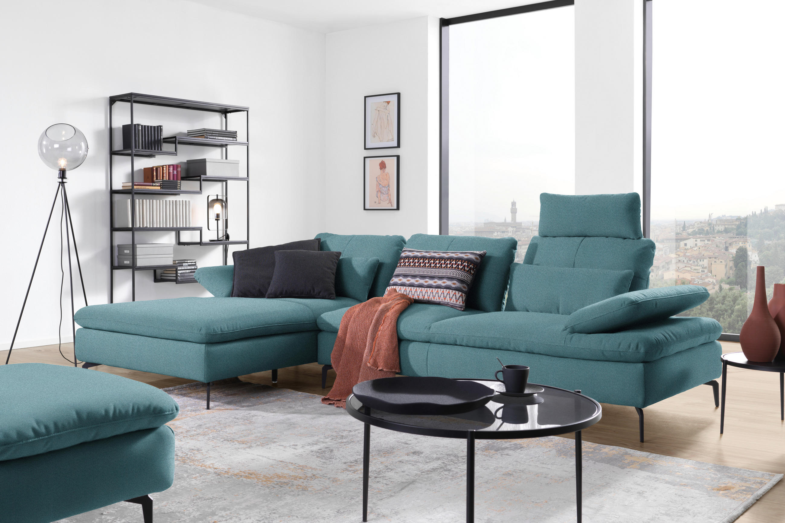 ECKSOFA in Webstoff Hellblau  - Schwarz/Hellblau, Design, Textil/Metall (179/301cm) - Chilliano