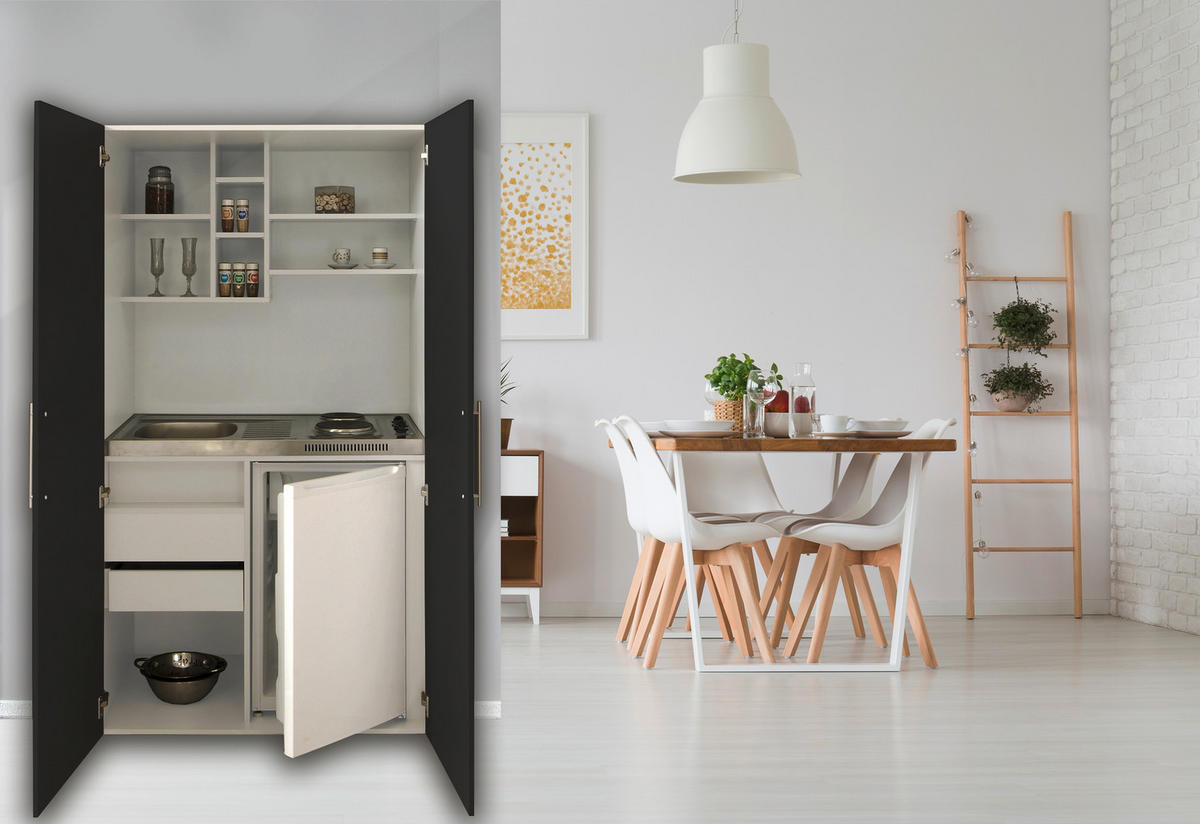 SCHRANKKÜCHE 104/193/67 cm  Schwarz, Weiss  - Weiss/Edelstahlfarben, Modern, Holzwerkstoff/Metall (104/193/67cm) - Respekta