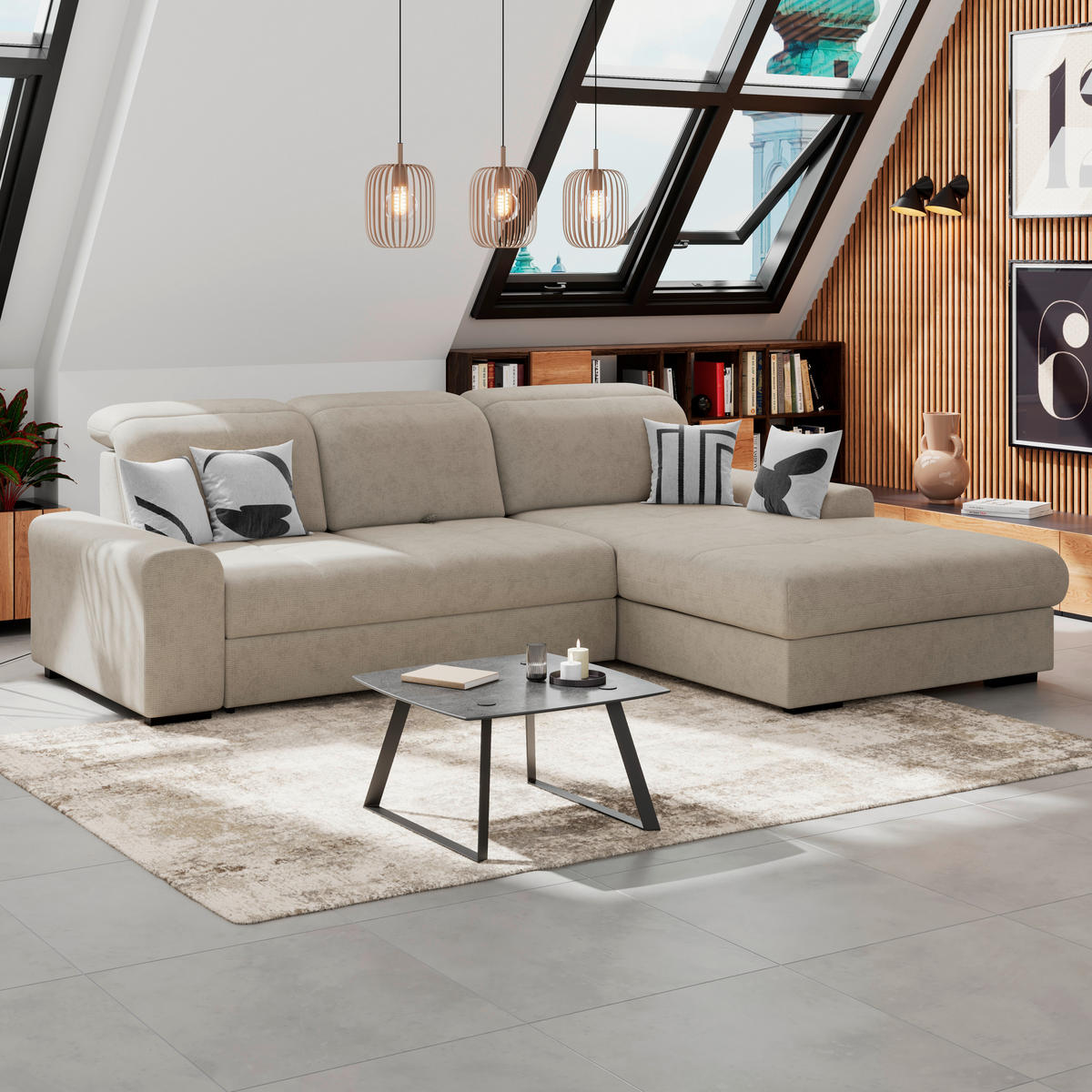 ECKSOFA Beige Chenille Rücken echt, Kopfteilverstellung  - Beige/Schwarz, KONVENTIONELL, Holz/Textil (286/203cm) - MID.YOU