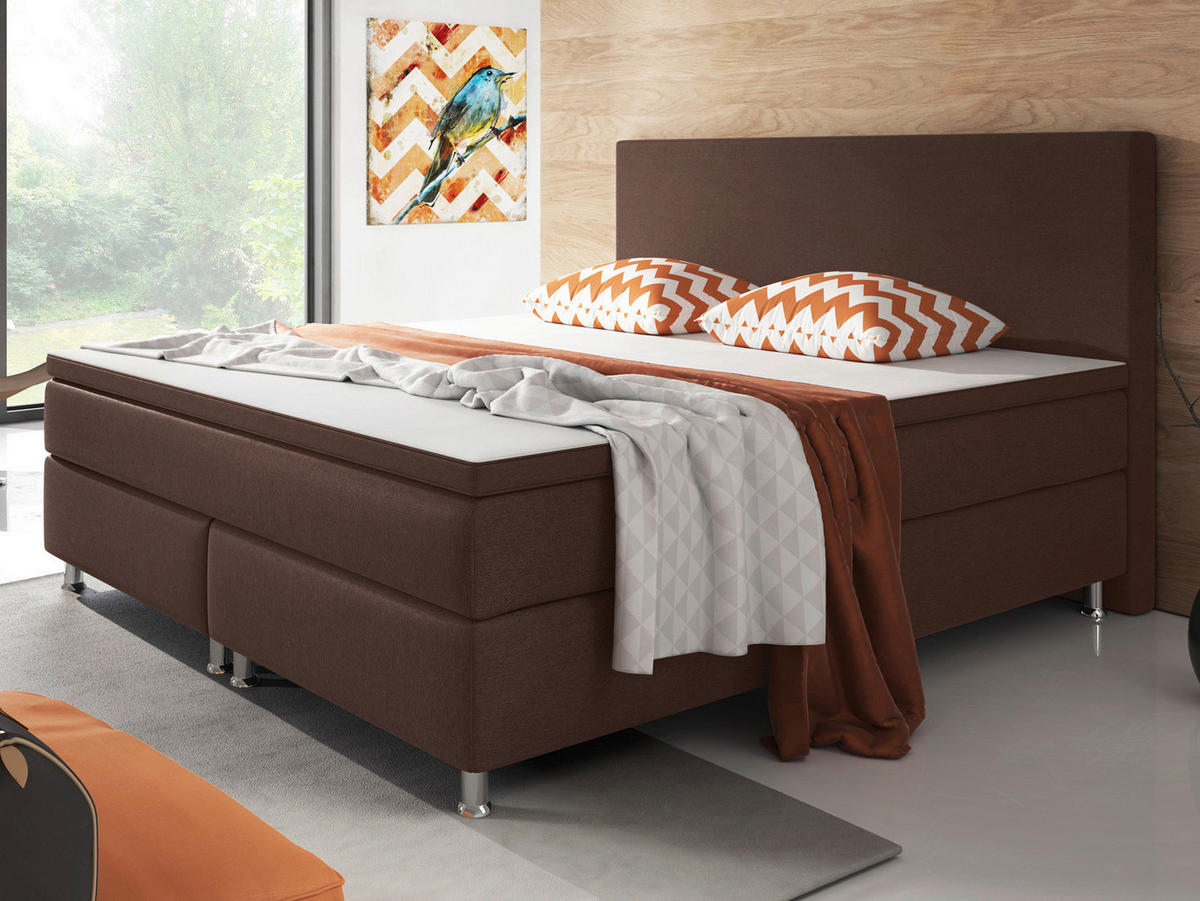 BOXSPRINGBETT 180/200 cm,  in Braun, Matratze, gepolstertes Kopfteil, Topper, H3 + H3 = fest  - Silberfarben/Braun, KONVENTIONELL, Textil/Metall (180/200cm) - MID.YOU