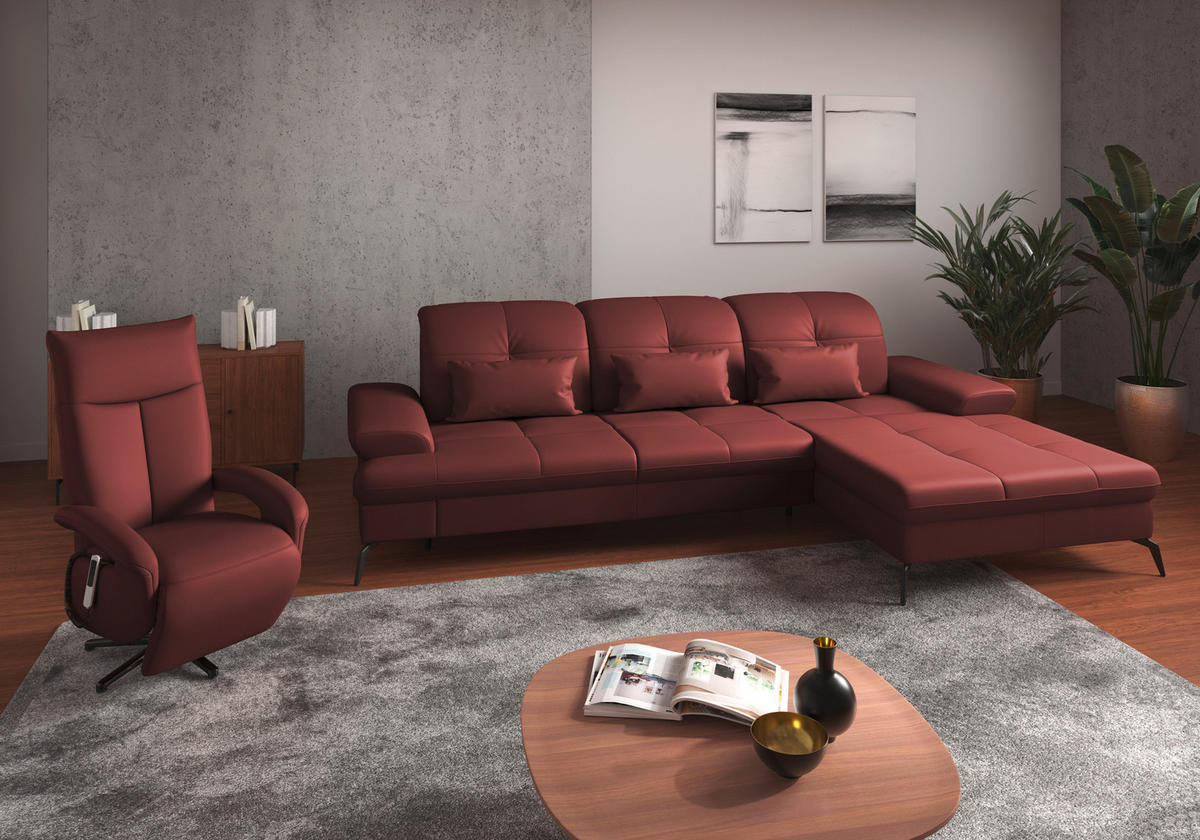 ECKSOFA in Echtleder Rotbraun  - Rotbraun/Schwarz, Konventionell, Leder/Metall (279/185cm) - Sit & More