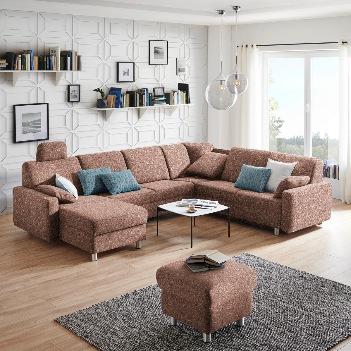 WOHNLANDSCHAFT  in Mikrovelours Terracotta  - Terracotta/Alufarben, KONVENTIONELL, Kunststoff/Textil (158/322/236cm) - Sedda