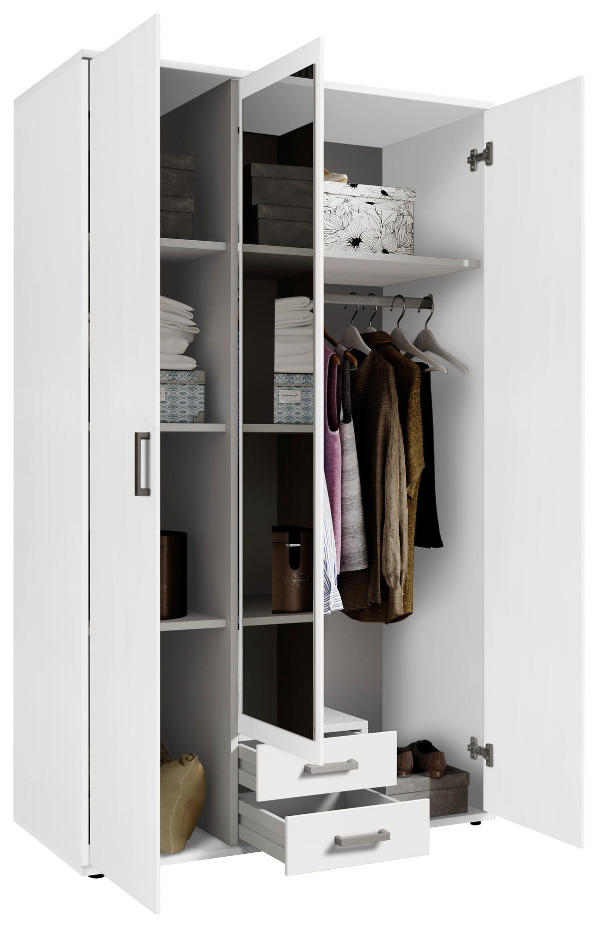 KLEIDERSCHRANK 120/196/53,5 cm 3-türig Weiß  - Alufarben/Weiß, KONVENTIONELL, Glas/Holzwerkstoff (120/196/53,5cm) - Boxxx