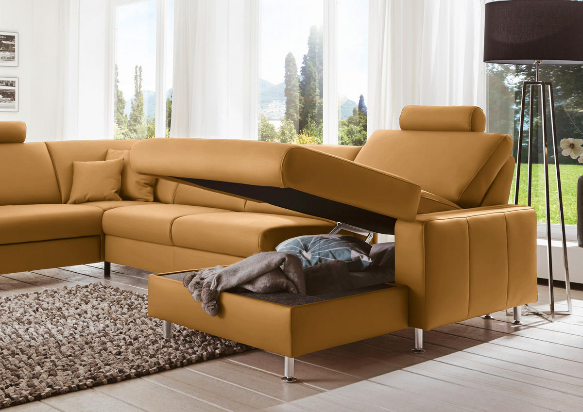 WOHNLANDSCHAFT in Echtleder Gelb  - Gelb/Alufarben, Design, Leder/Metall (233/339/165cm) - Beldomo Premium