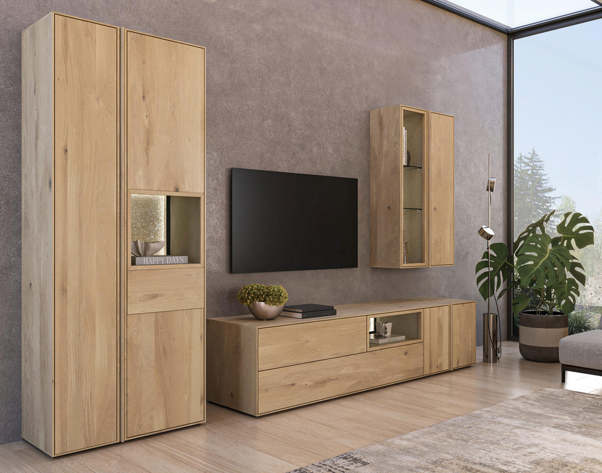 VITRINE  in massiv Asteiche Eichefarben - Eichefarben, Natur, Glas/Leder (83,4/205,8/41cm) - Cassando