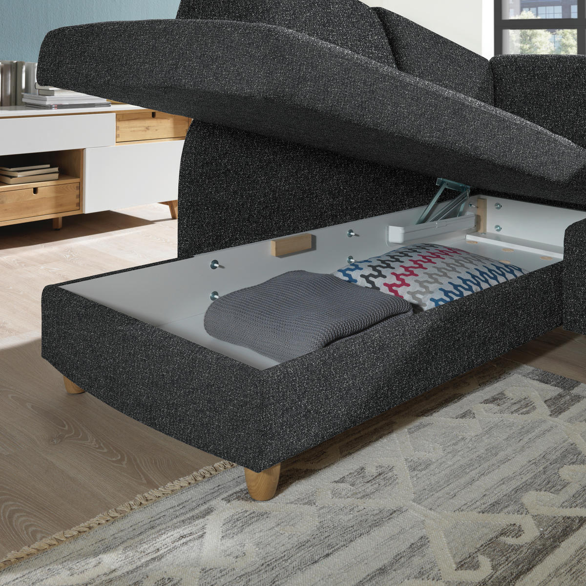 ECKSOFA  in Mikrovelours Anthrazit  208/227 cm  - Eichefarben/Anthrazit, KONVENTIONELL, Holz/Textil (208/227cm) - Sedda