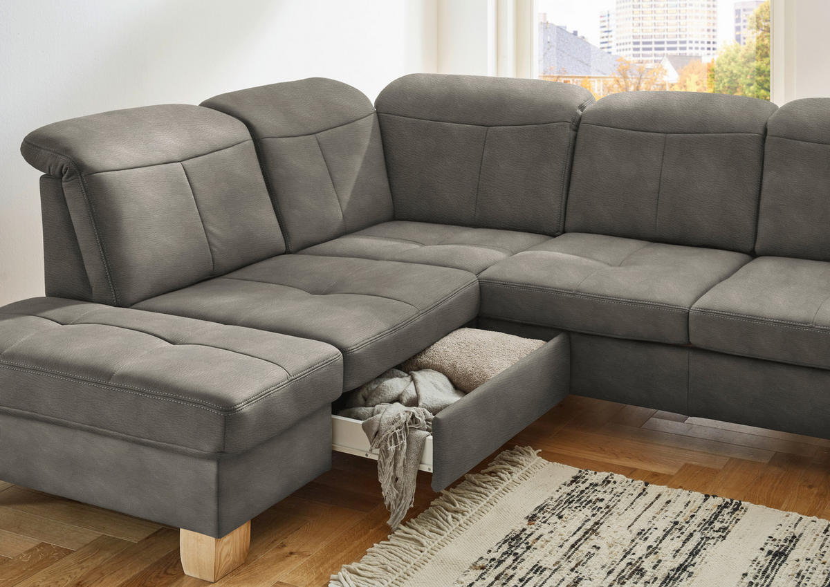 WOHNLANDSCHAFT Schlammfarben Mikrofaser  - Wildeiche/Schlammfarben, KONVENTIONELL, Holz/Textil (243/343/185cm) - Voleo