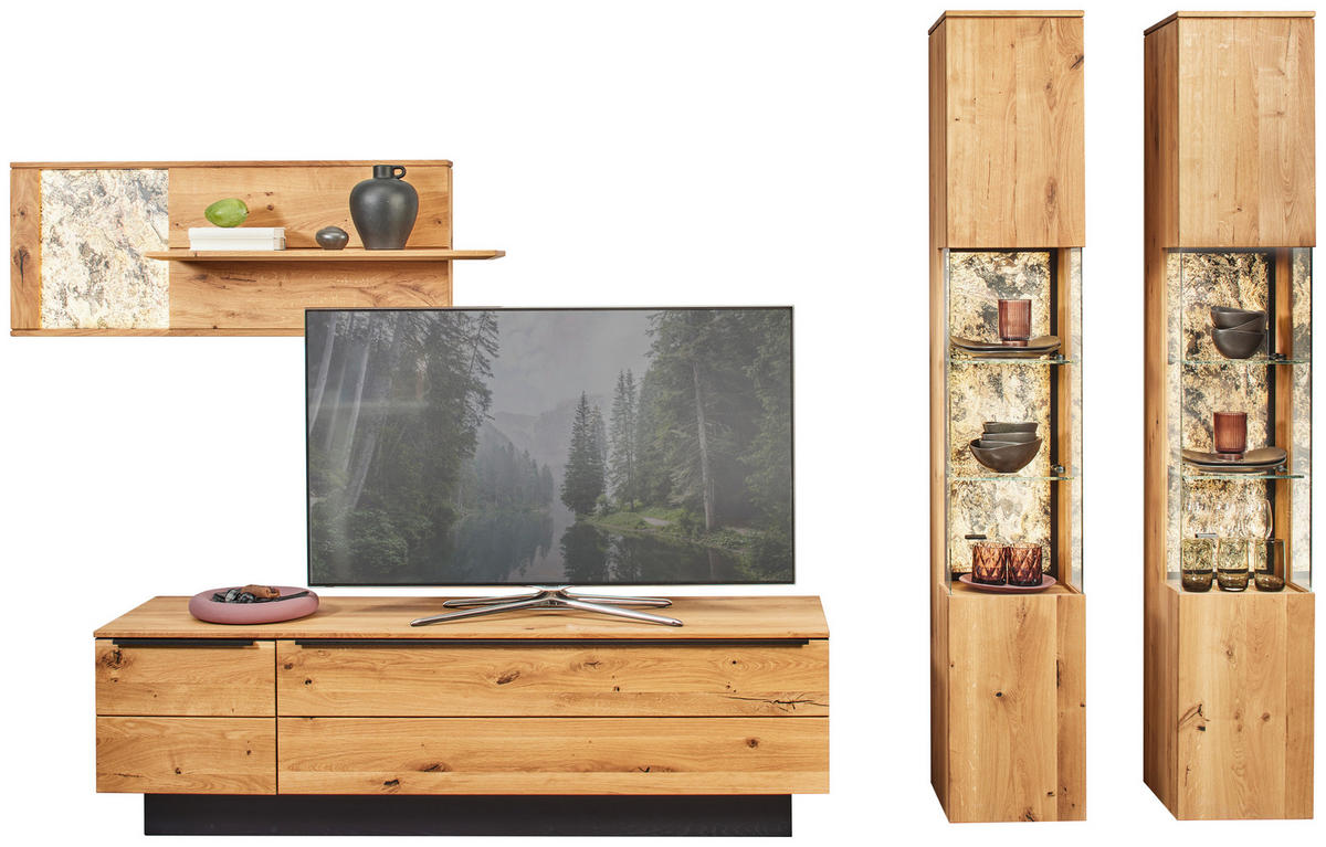 WOHNWAND  in Eichefarben 298/205,7/53,7 cm  - Eichefarben/Schwarz, Natur, Glas/Holz (298/205,7/53,7cm) - Valnatura