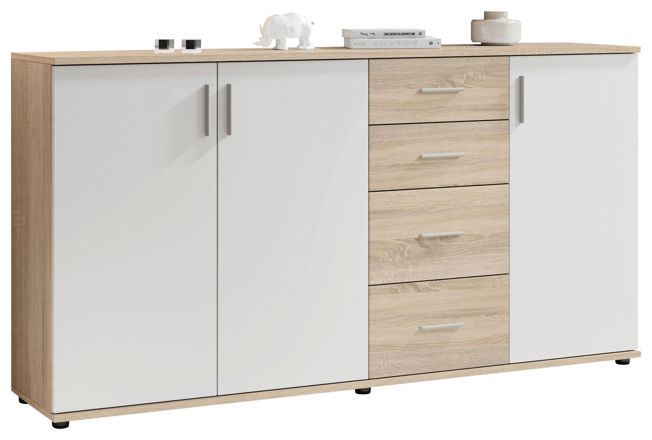 KOMMODE 160/84/35 cm  in Weiß, Sonoma Eiche  - Silberfarben/Schwarz, KONVENTIONELL, Holzwerkstoff/Kunststoff (160/84/35cm) - Carryhome