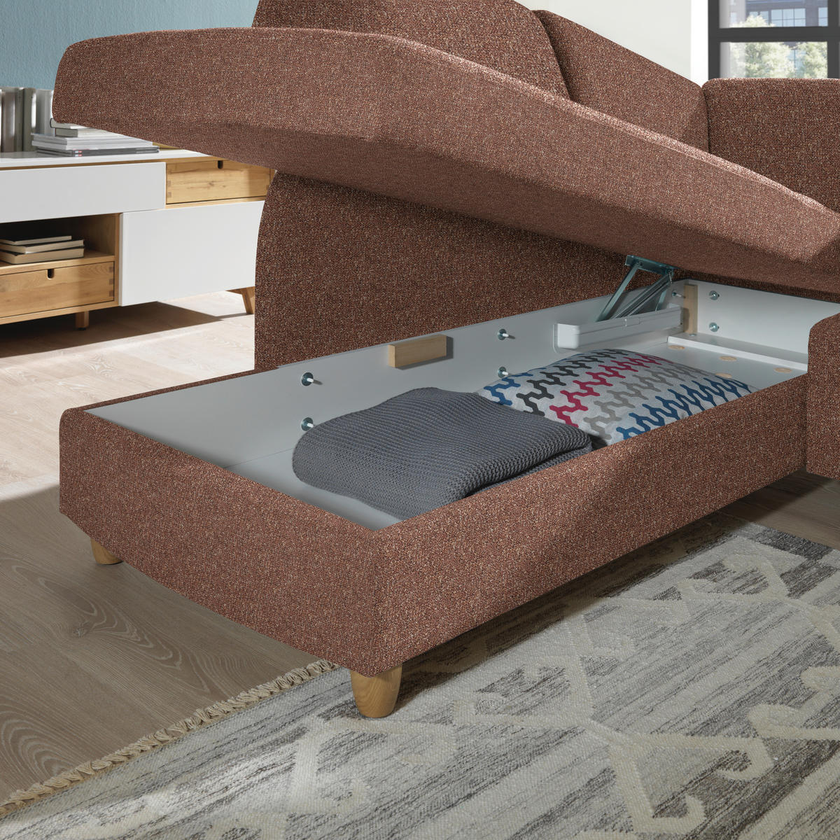 ECKSOFA  in Mikrovelours Terracotta  208/227 cm  - Eichefarben/Rot, KONVENTIONELL, Holz/Textil (208/227cm) - Sedda