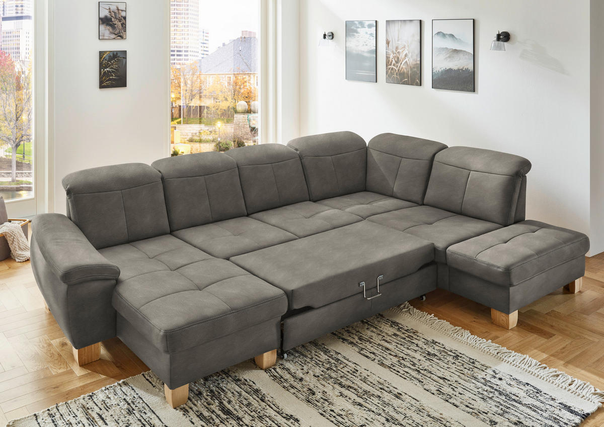 WOHNLANDSCHAFT Schlammfarben Mikrofaser  - Wildeiche/Schlammfarben, KONVENTIONELL, Holz/Textil (185/343/243cm) - Voleo