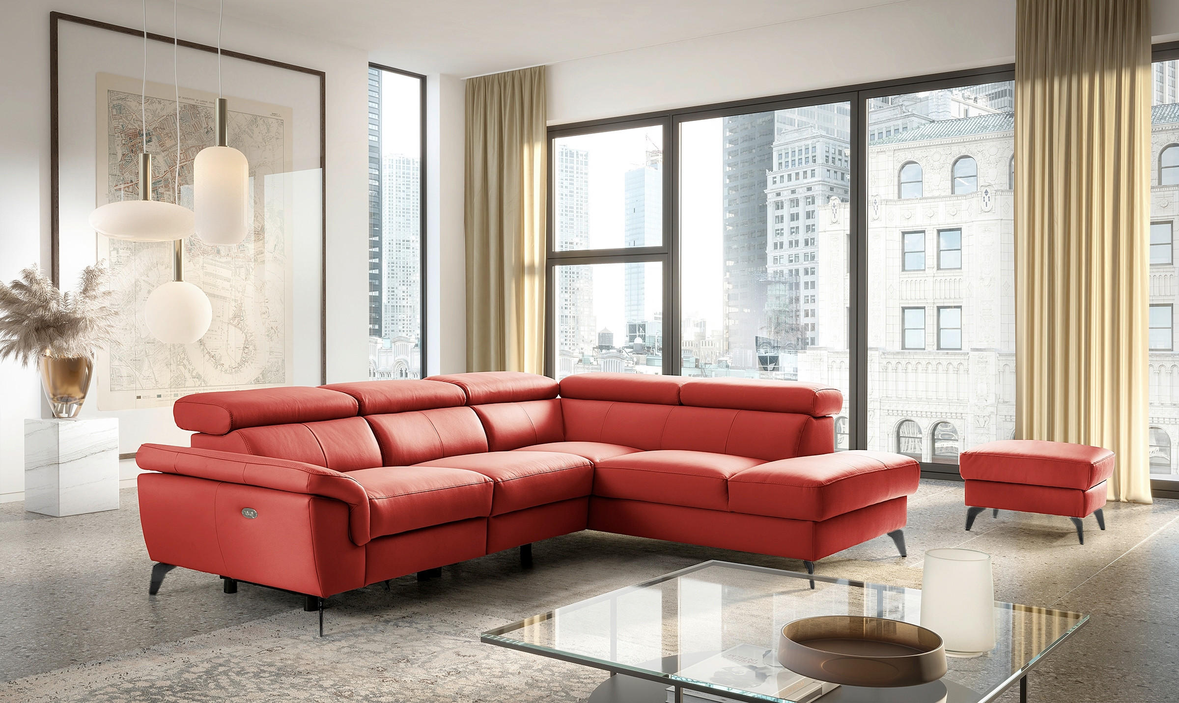 ECKSOFA SONO in Lederlook Echtleder Rot Armteilverstellung, Kopfteilverstellung  265/210 cm  - Rot/Schwarz, Design, Leder/Textil (265/210cm) - Livetastic