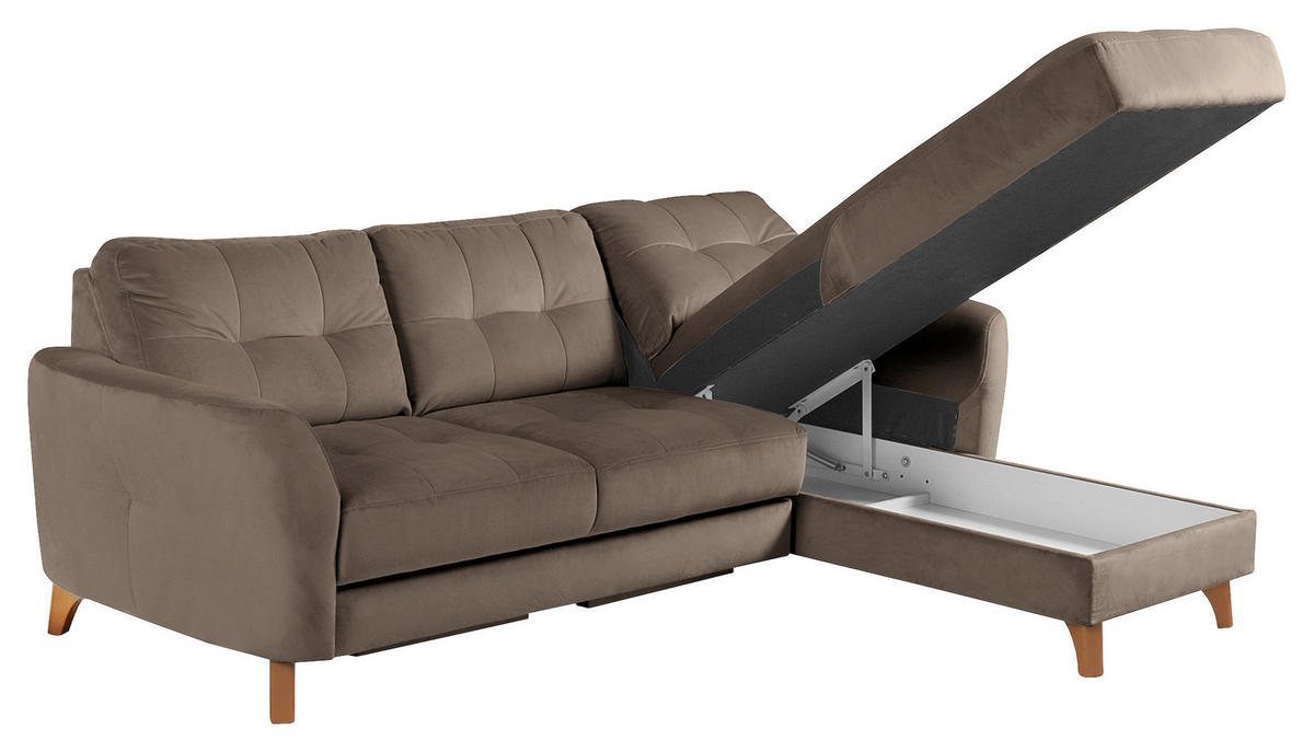 ECKSOFA Beige Samt Bettkasten, Schlaffunktion, Liegefläche im Originalstoff  - Beige/Buchefarben, Design, Holz/Textil (238/168cm) - Livetastic