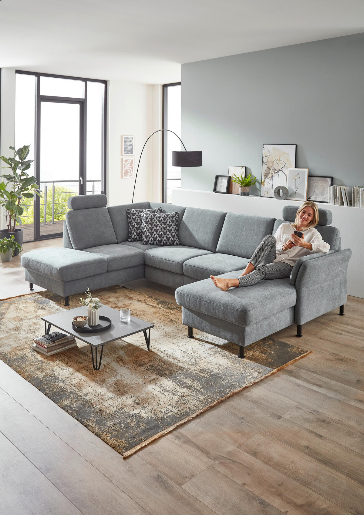 WOHNLANDSCHAFT in Webstoff Blaugrau  - Blaugrau/Schwarz, Konventionell, Textil/Metall (200/305/168cm) - Voleo