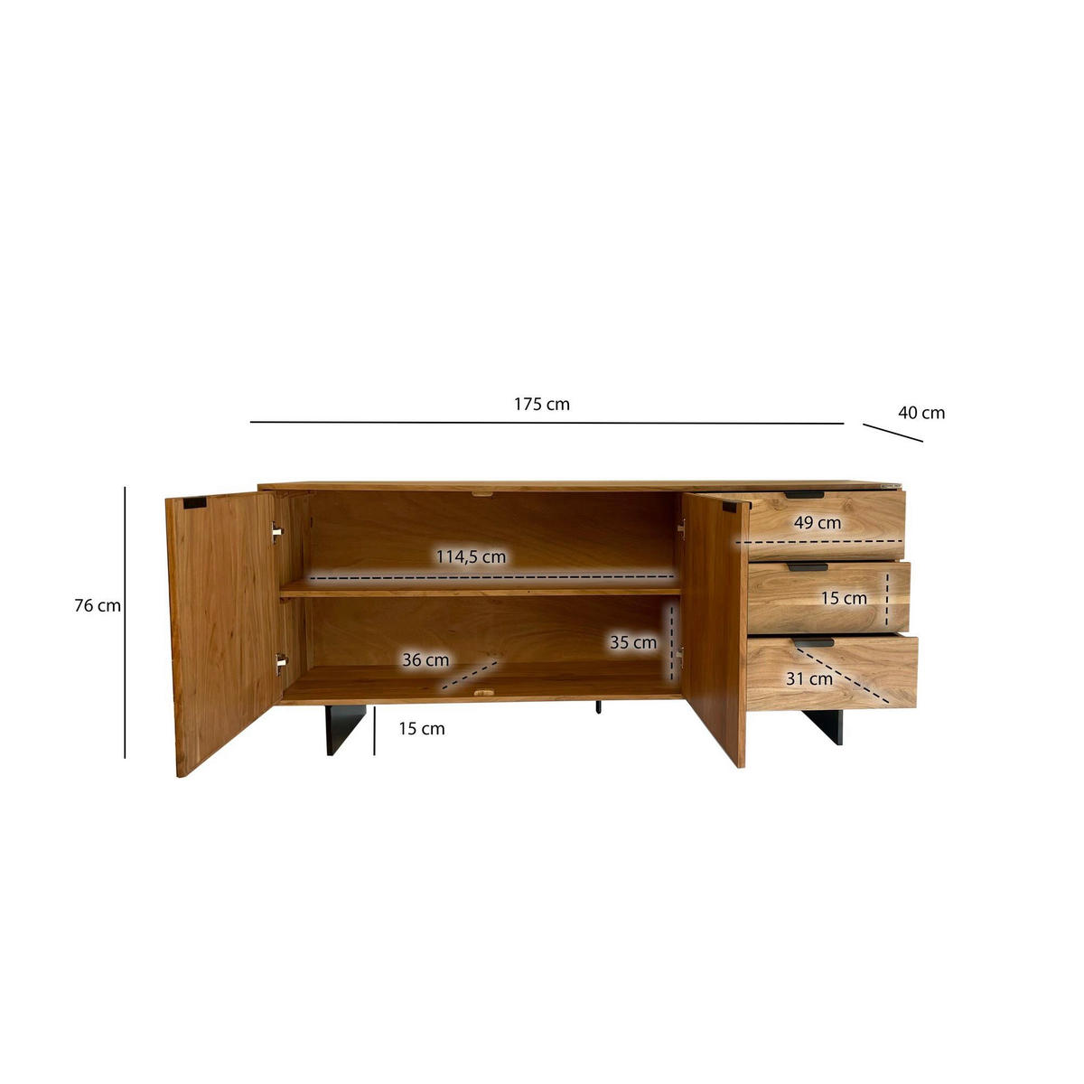 ŠIROKÁ KOMODA, akácia, čierna, farba akácie, 175/76/40 cm - čierna/farba akácie, Natur, kov/drevo (175/76/40cm) - Livetastic