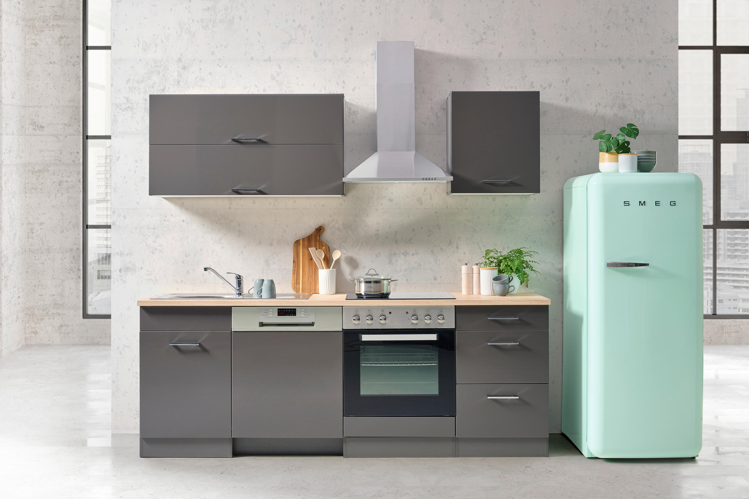 KÜCHENBLOCK 220 cm   in Anthrazit, Eichefarben, Anthrazit Hochglanz  - Chromfarben/Eichefarben, MODERN, Holzwerkstoff/Metall (220cm) - Held