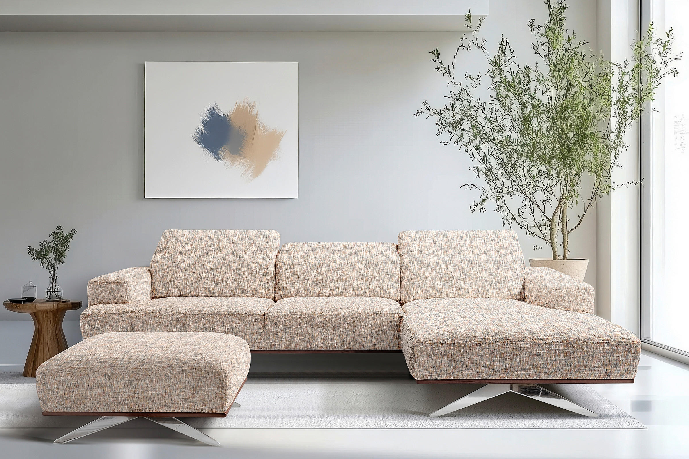 ECKSOFA PORTLAND in Struktur Blau, Gelb, Rot, Weiß Kopfteilverstellung  295/187 cm  - Chromfarben/Blau, Design, Holz/Textil (295/187cm) - Livetastic