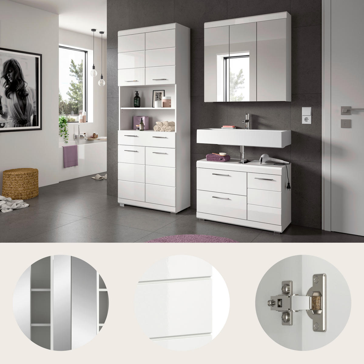 BADEZIMMER 3-teilig  in 169 cm  - Weiß Hochglanz/Silberfarben, Trend, Glas/Holzwerkstoff (169cm) - MID.YOU