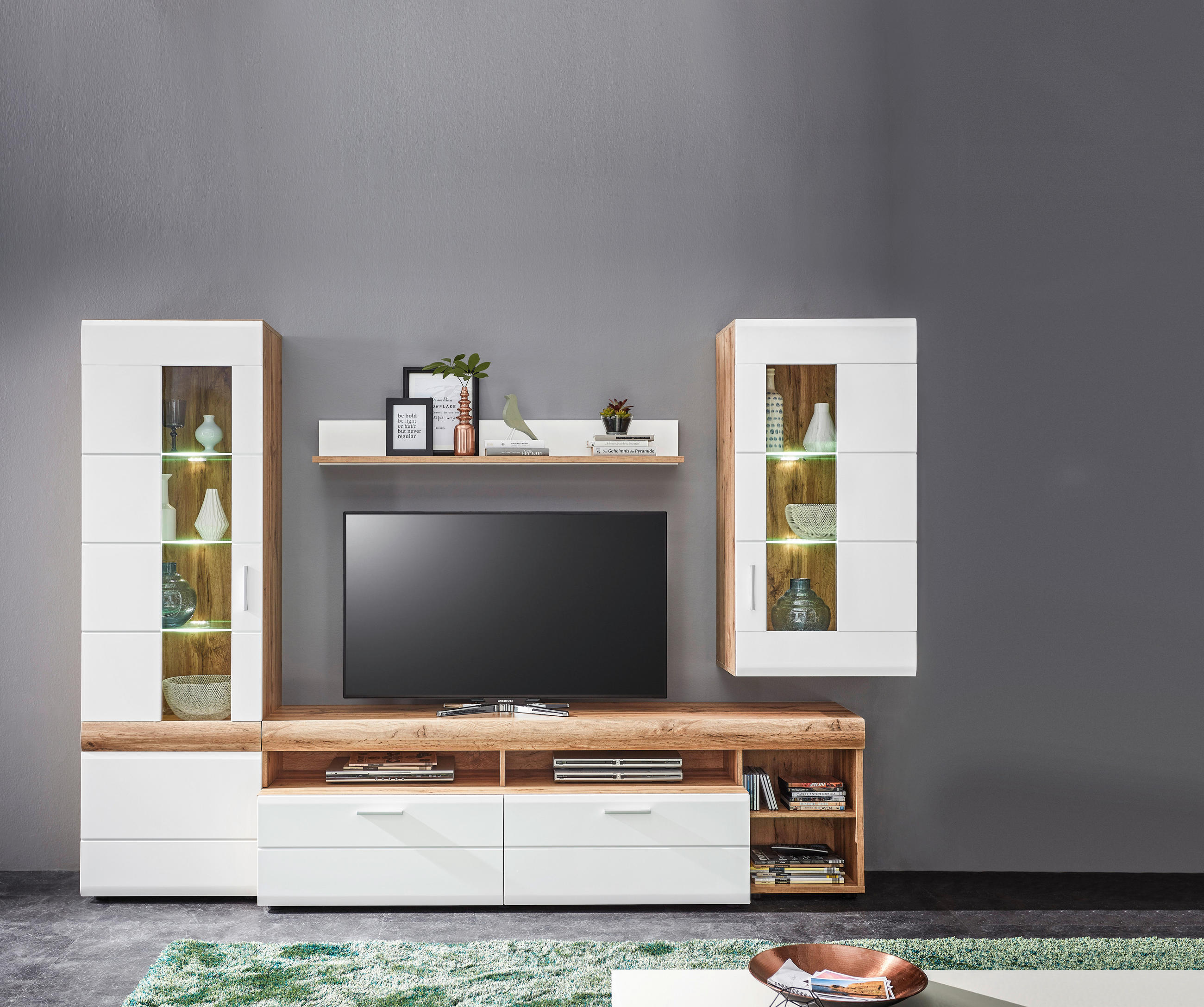 SET MOBILA LIVING in alb, culoare lemn stejar  - argintiu/alb, Konventionell, plastic/sticlă (280/192/51cm) - Xora