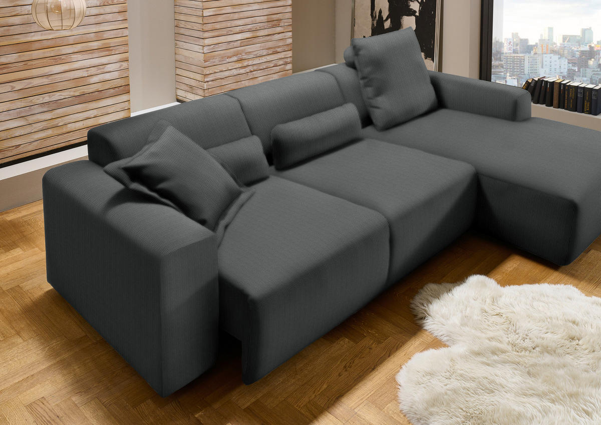 ECKSOFA in Feincord Anthrazit  - Anthrazit/Schwarz, Design, Kunststoff/Textil (301/177cm) - Beldomo Style