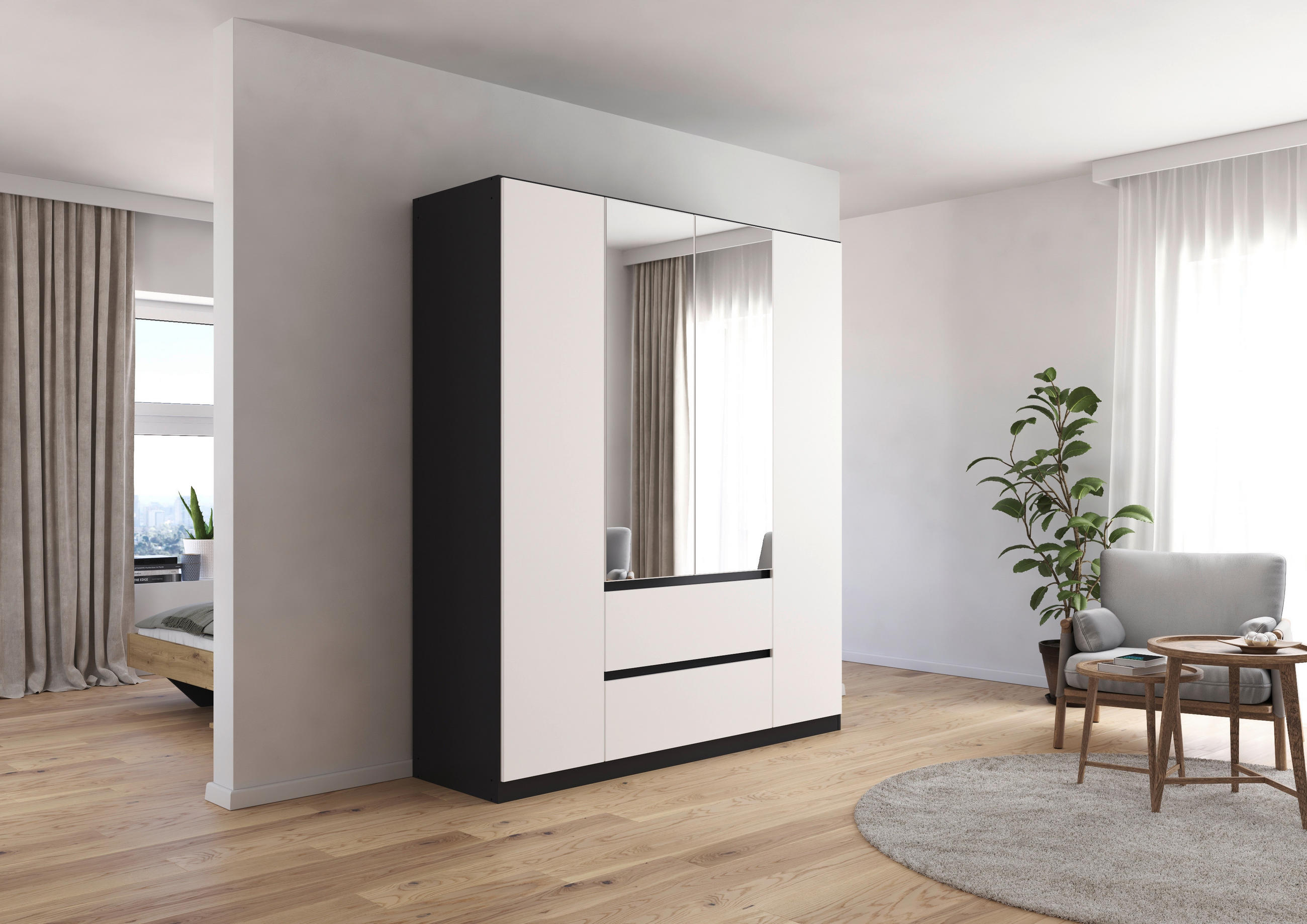 Thumbnail - Rauch Möbel Drehtürenschrank, Grau, Silber, Weiß, Holzwerkstoff, 3 Fächer, 2 Schublade(n) Schubladen, 181x210x54 cm, Bla...