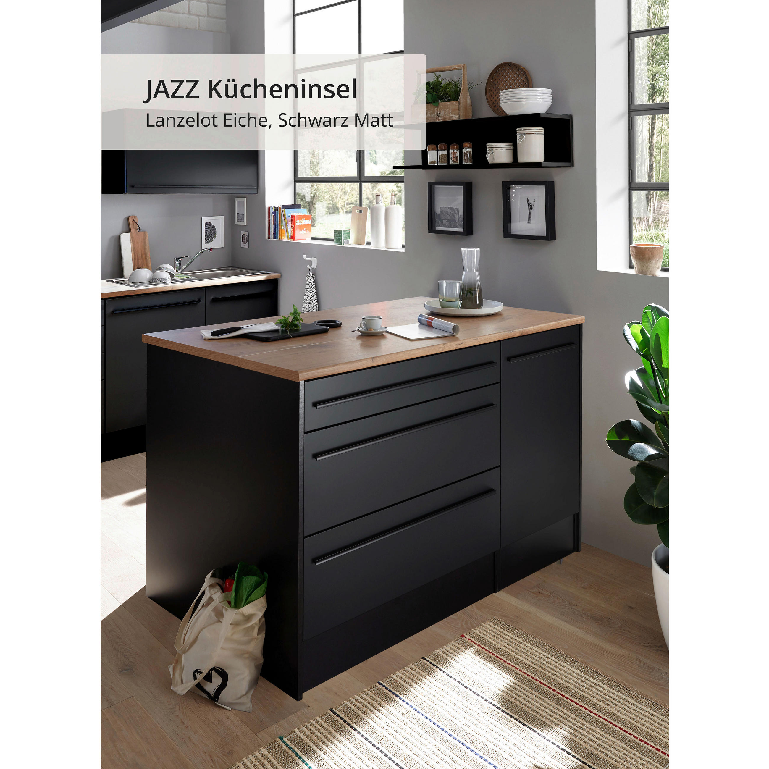 INSULĂ DE BUCĂTĂRIE 145/90/90 cm  - culoare lemn stejar/negru, Konventionell, plastic/material pe bază de lemn (145/90/90cm) - Xora