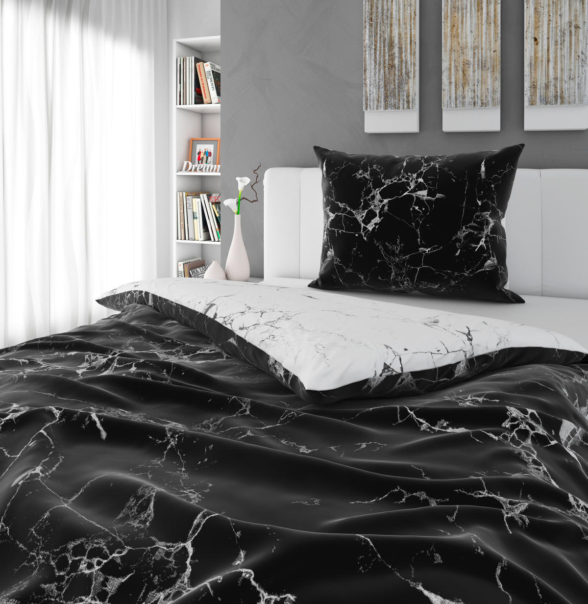 OBOJSTRANNÁ POSTEĽNÁ BIELIZEŇ, satén, čierna, biela, 140/200 cm - čierna/biela, Trend, textil (140/200cm) - Esposa