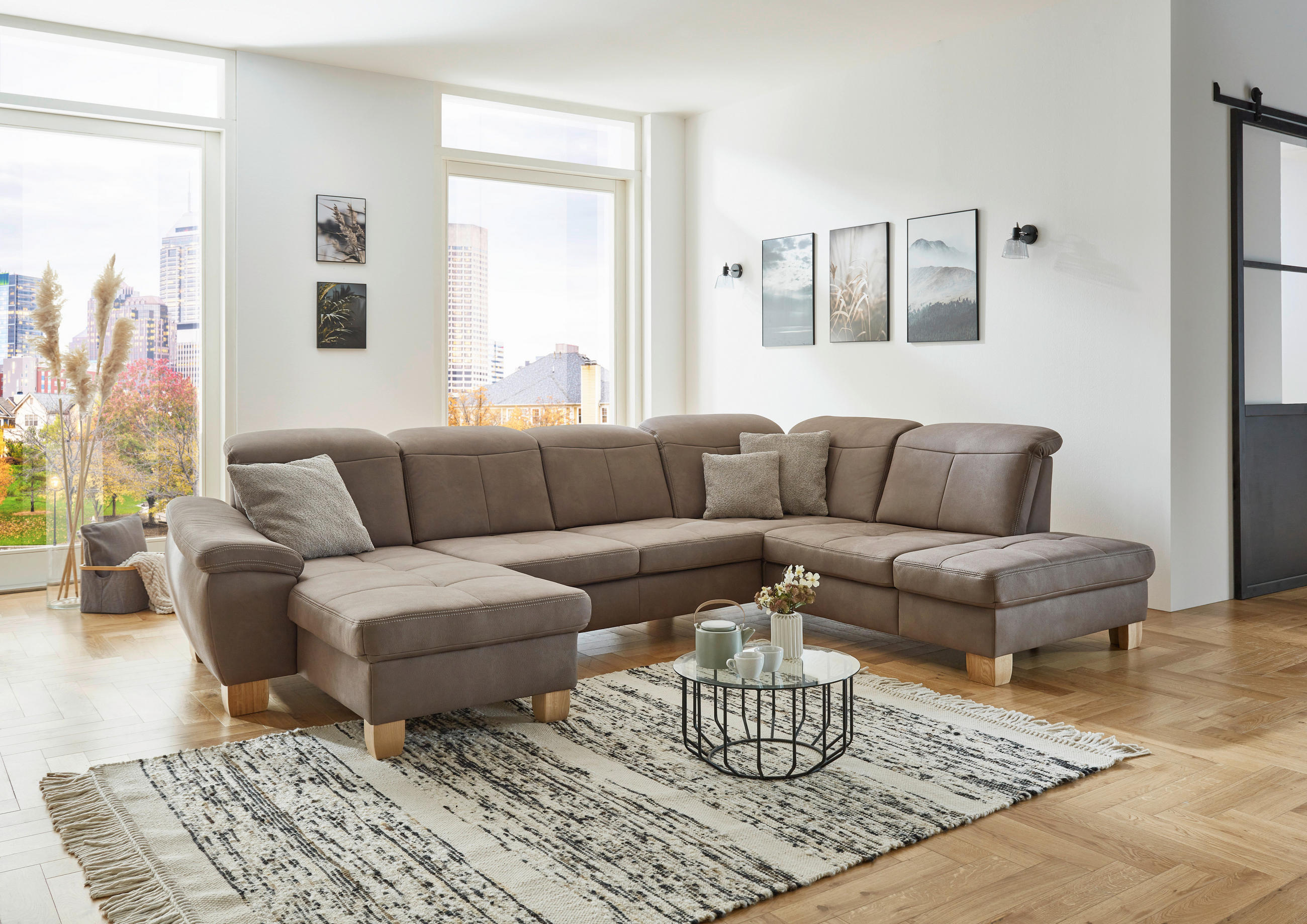 WOHNLANDSCHAFT Graubraun Mikrofaser  - Wildeiche/Graubraun, KONVENTIONELL, Holz/Textil (185/343/243cm) - Voleo