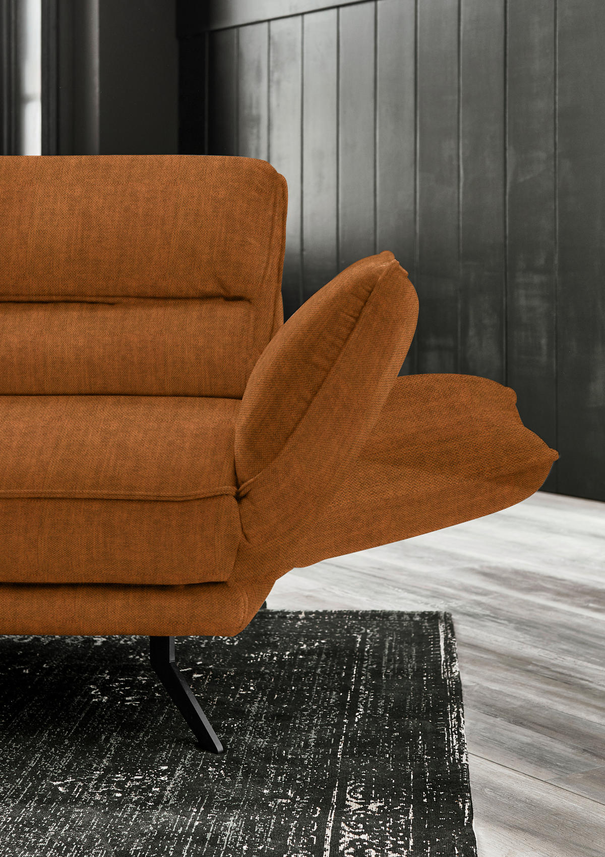 ECKSOFA in Velours Cognac  - Cognac/Schwarz, Design, Textil/Metall (153/283cm) - Valdera