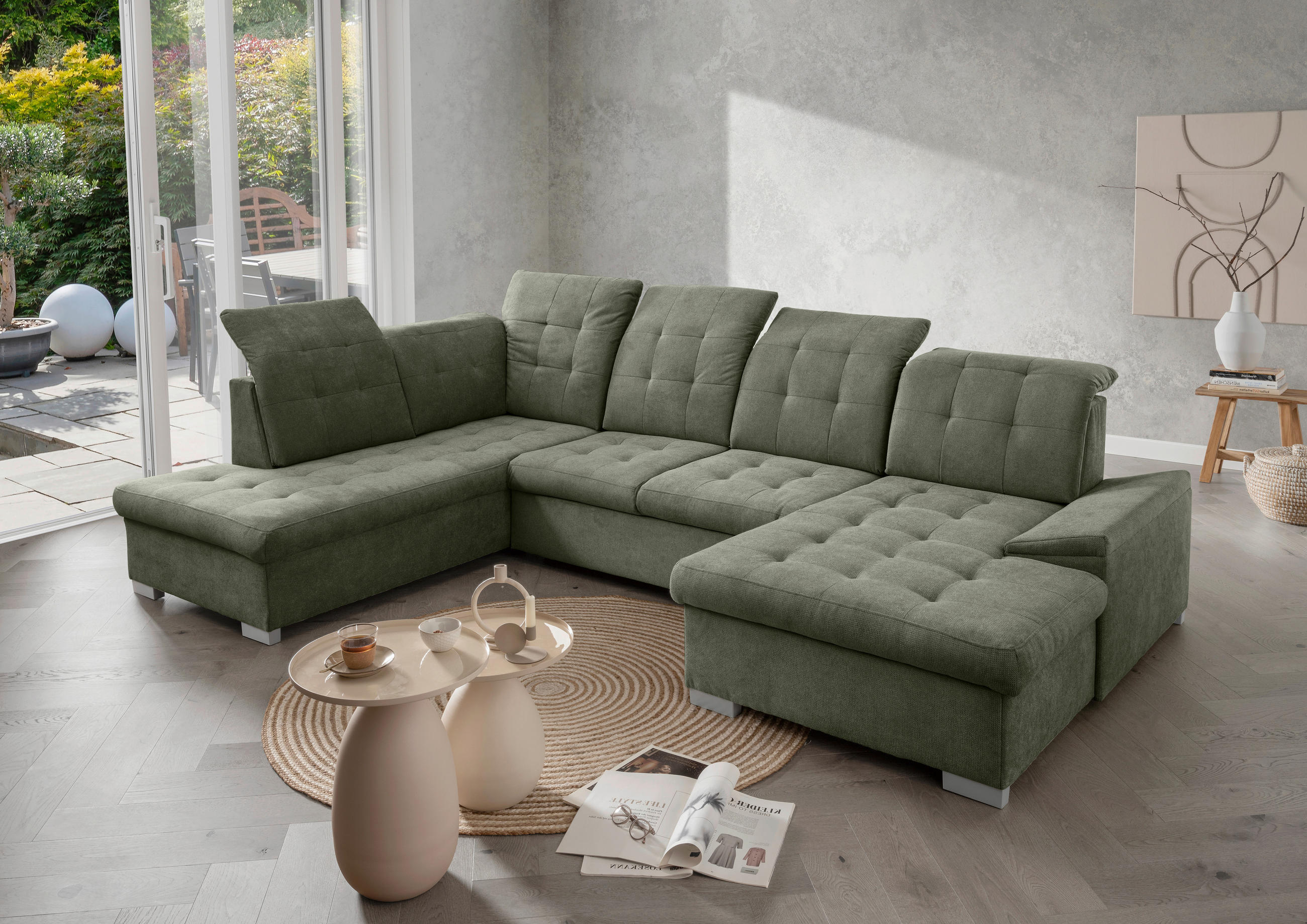 WOHNLANDSCHAFT in Chenille Dunkelgrün  - Chromfarben/Dunkelgrün, Modern, Kunststoff/Textil (212/330/169cm) - Livetastic