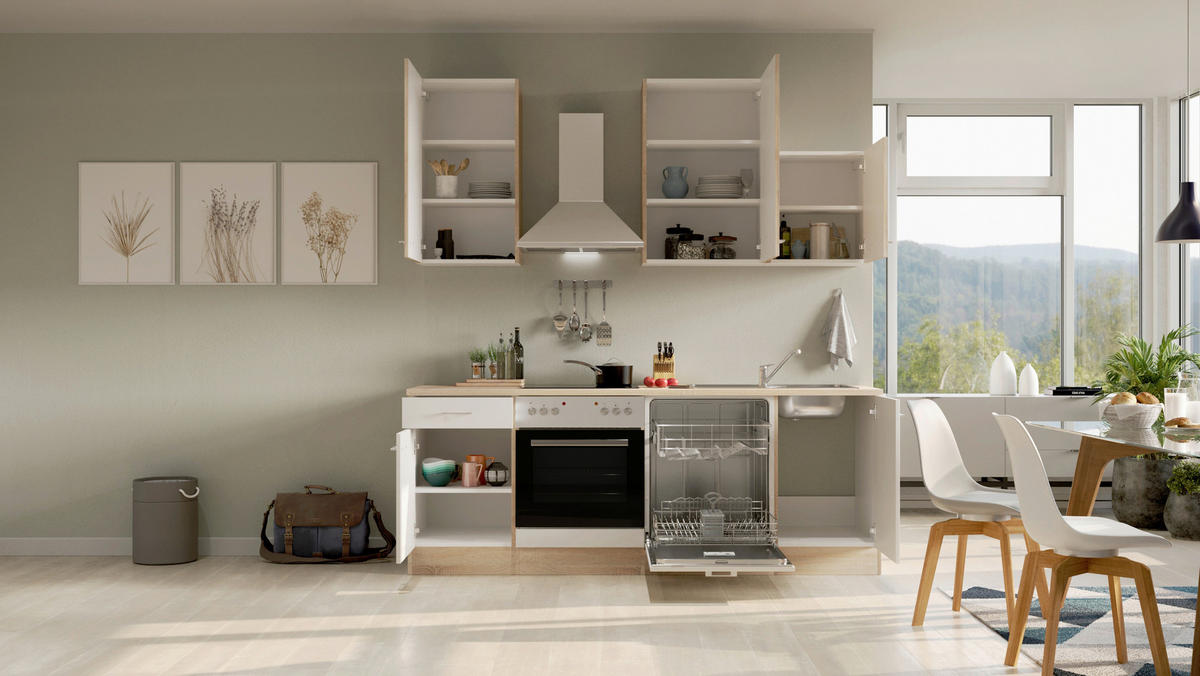 KÜCHENBLOCK 220 cm   in Weiß, Sonoma Eiche  - Alufarben/Weiß, MODERN, Holzwerkstoff/Kunststoff (220cm) - FlexWell