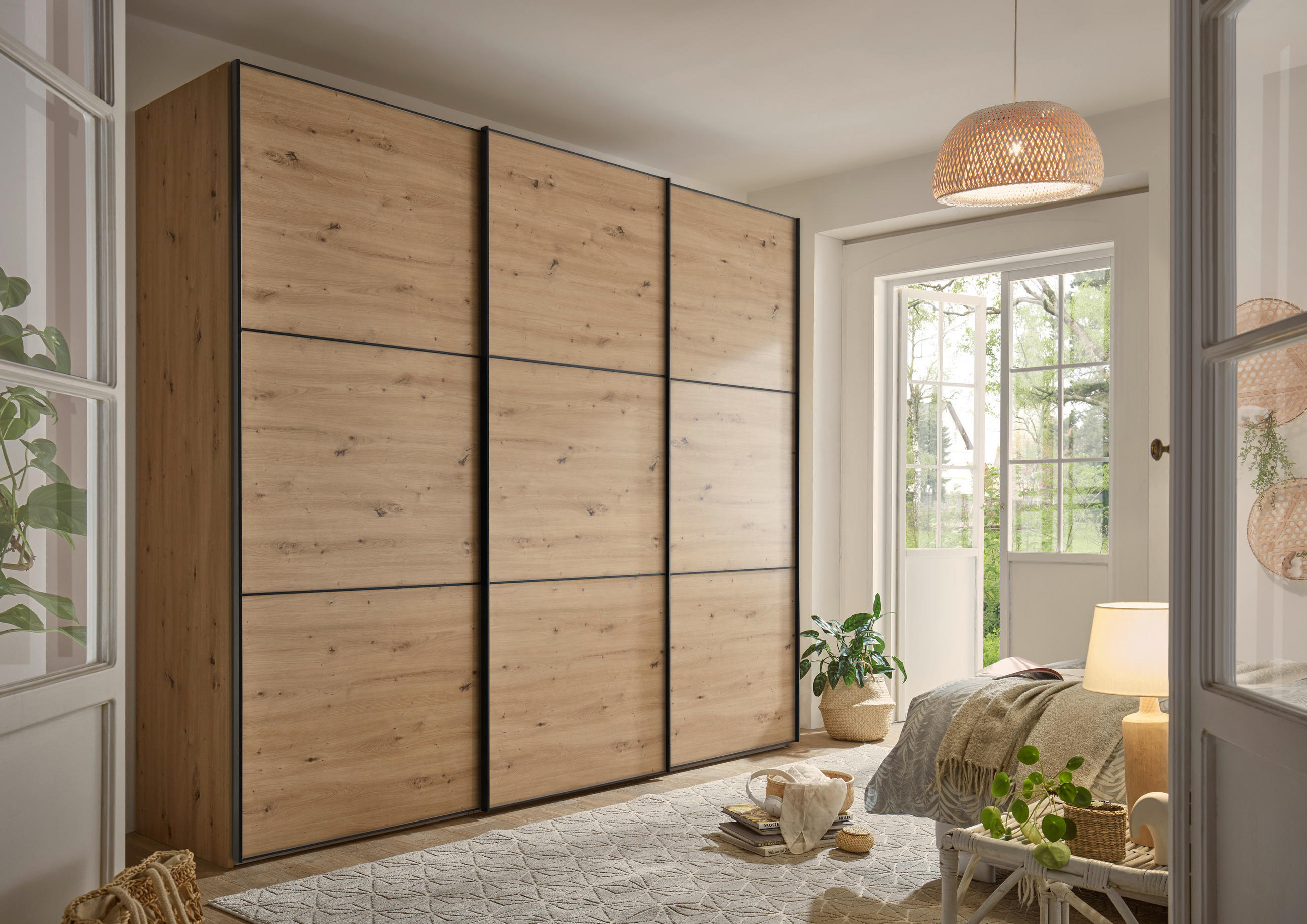SCHWEBETÜRENSCHRANK in Eiche Artisan  - Schwarz/Eiche Artisan, Holzwerkstoff/Metall (280/222/68cm) - Moderano