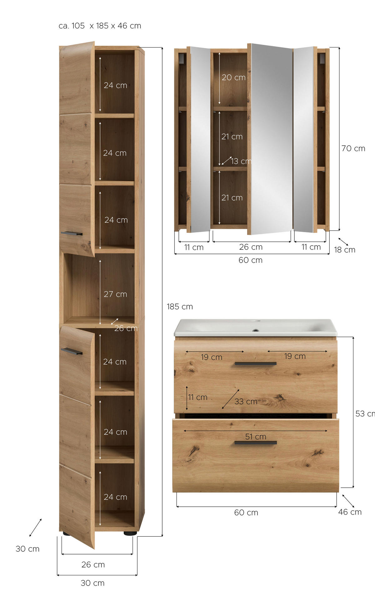 BADEZIMMER 3-teilig 90 cm  - Weiss/Schwarz, Basics, Keramik/Holzwerkstoff (90cm) - MID.YOU