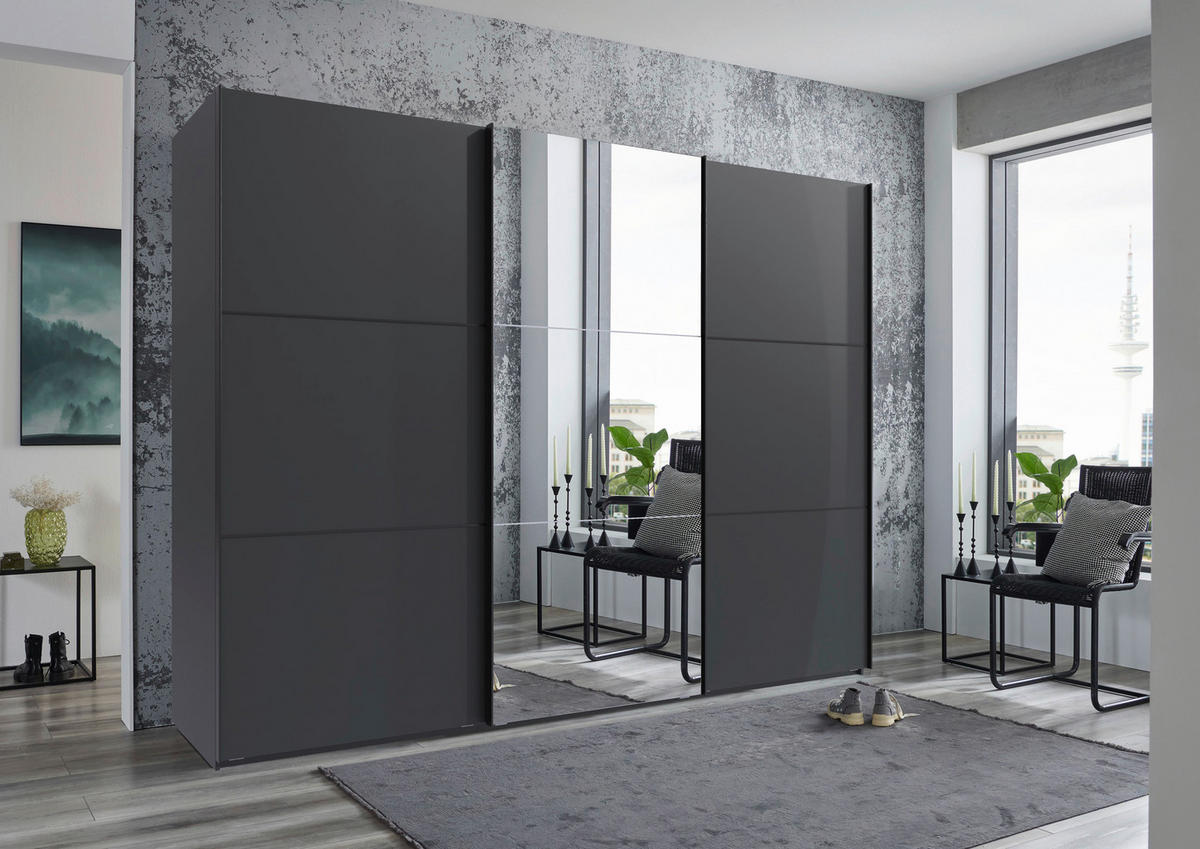 SCHWEBETÜRENSCHRANK 300/216/65 cm 3-türig Graphitfarben, Schwarz  - Schwarz/Graphitfarben, KONVENTIONELL, Glas/Holzwerkstoff (300/216/65cm) - Stylife