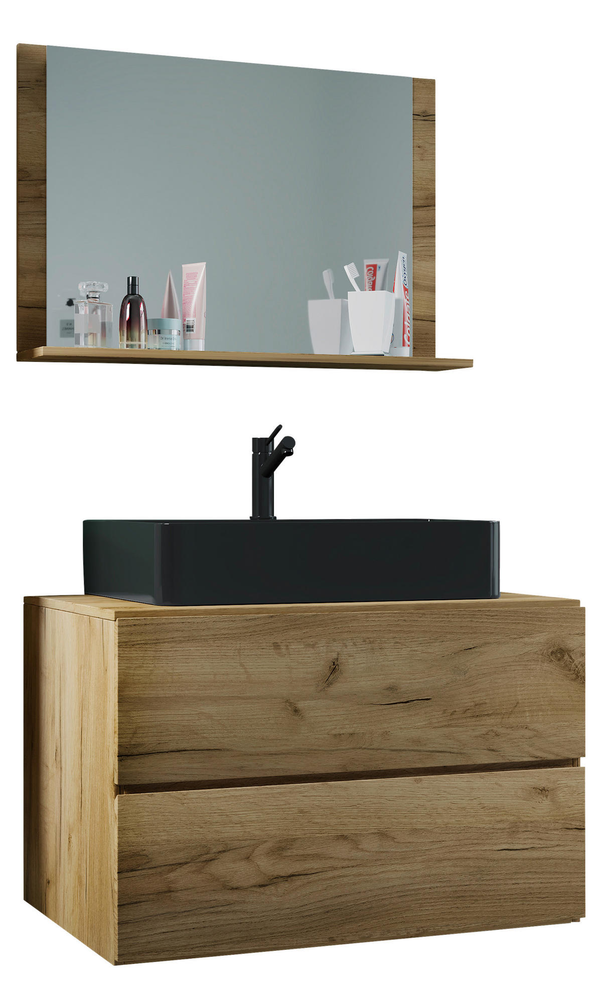 BADEZIMMER 3-teilig  in 81 cm  - Honigeiche/Schwarz, MODERN, Glas/Keramik (81cm) - MID.YOU