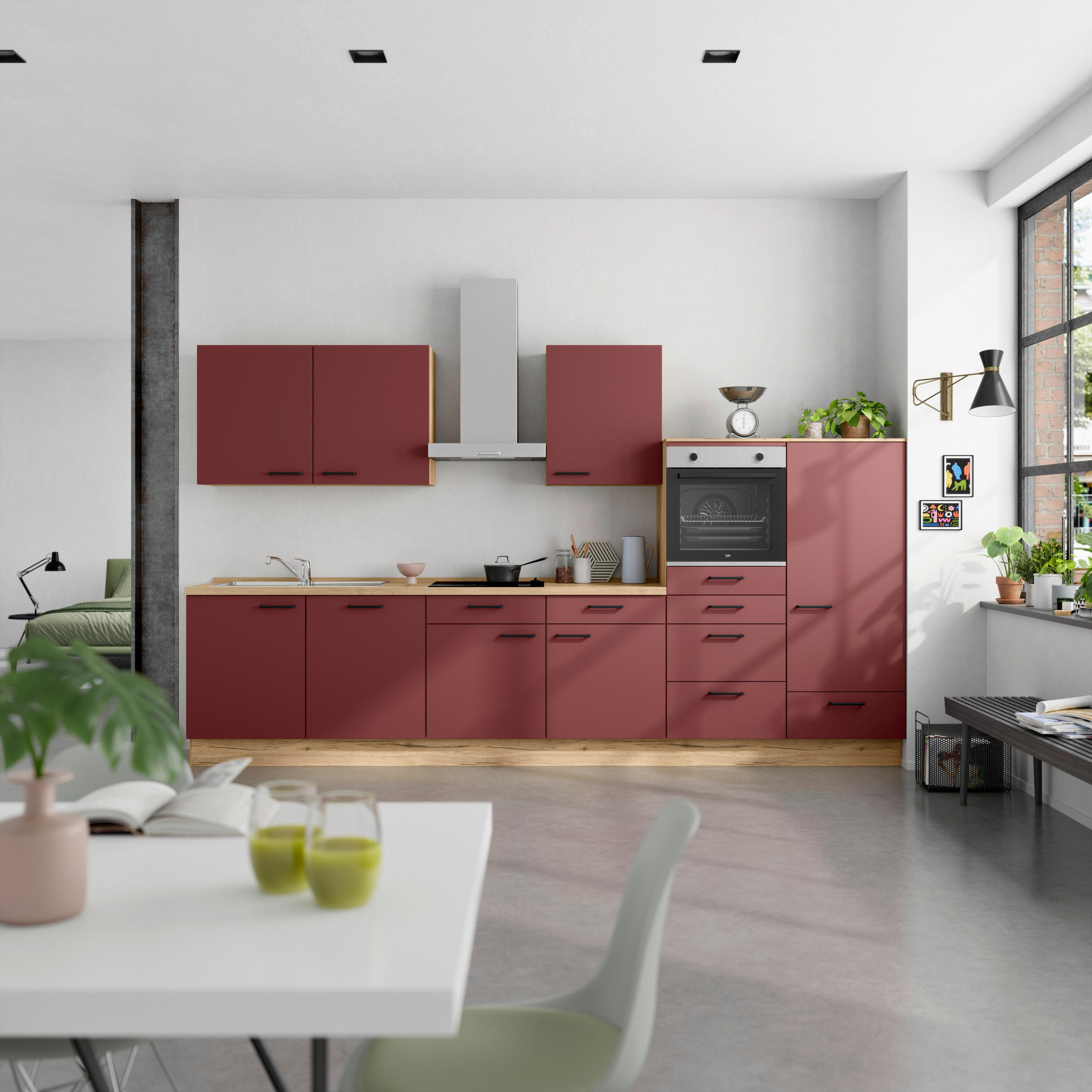 KÜCHENBLOCK Easytouch 360 cm  in Eichefarben, Dunkelrot  - Eichefarben/Schwarz, MODERN, Holzwerkstoff/Metall (360cm) - Nobilia