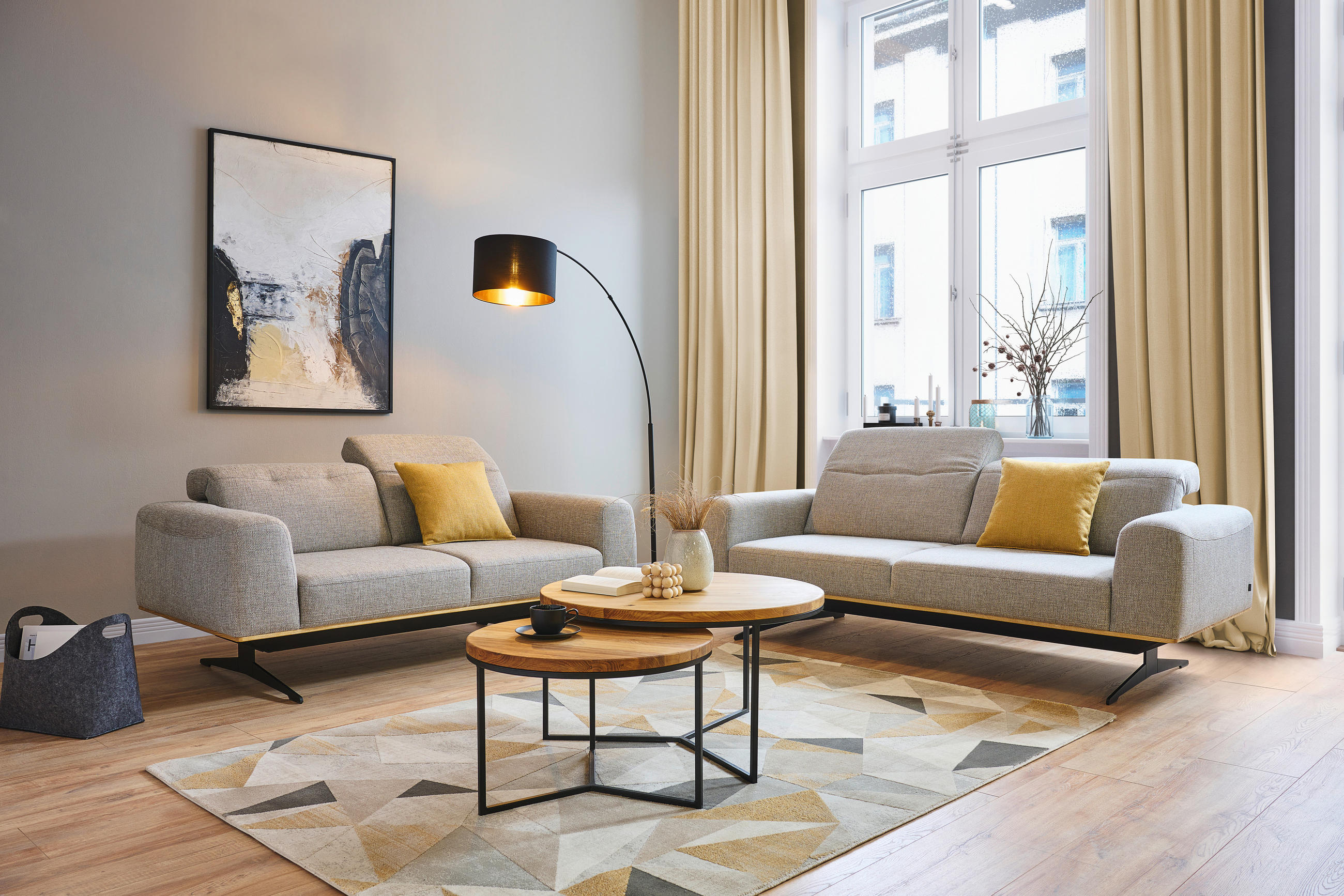2-SITZER-SOFA Struktur Beige  - Eichefarben/Beige, Design, Holz/Textil (174/76-97/102cm) - Novel
