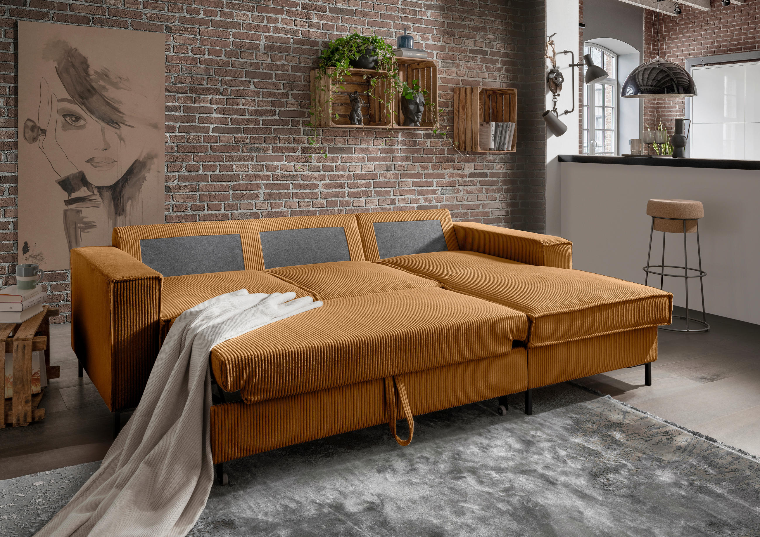 ECKSOFA Goldfarben Cord  - Goldfarben/Schwarz, MODERN, Textil/Metall (240/150cm) - Livetastic
