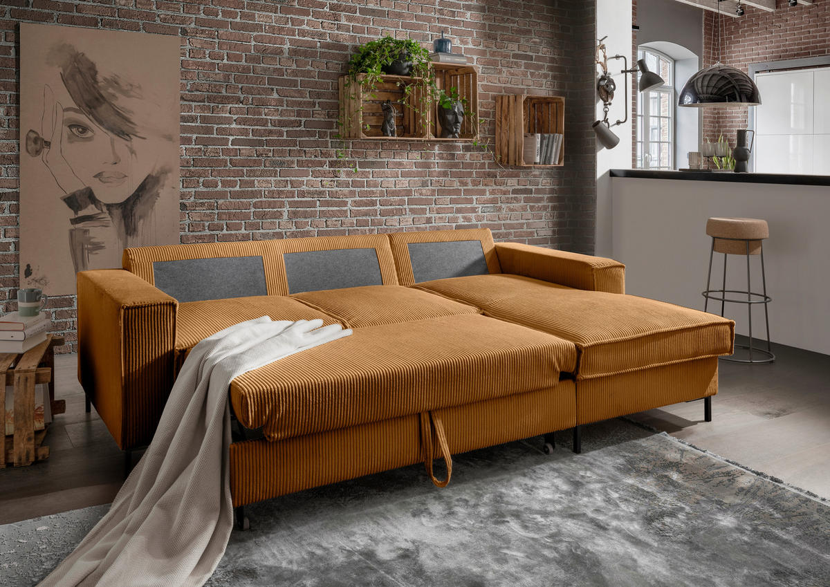 ECKSOFA Goldfarben Cord  - Goldfarben/Schwarz, MODERN, Textil/Metall (240/150cm) - Livetastic