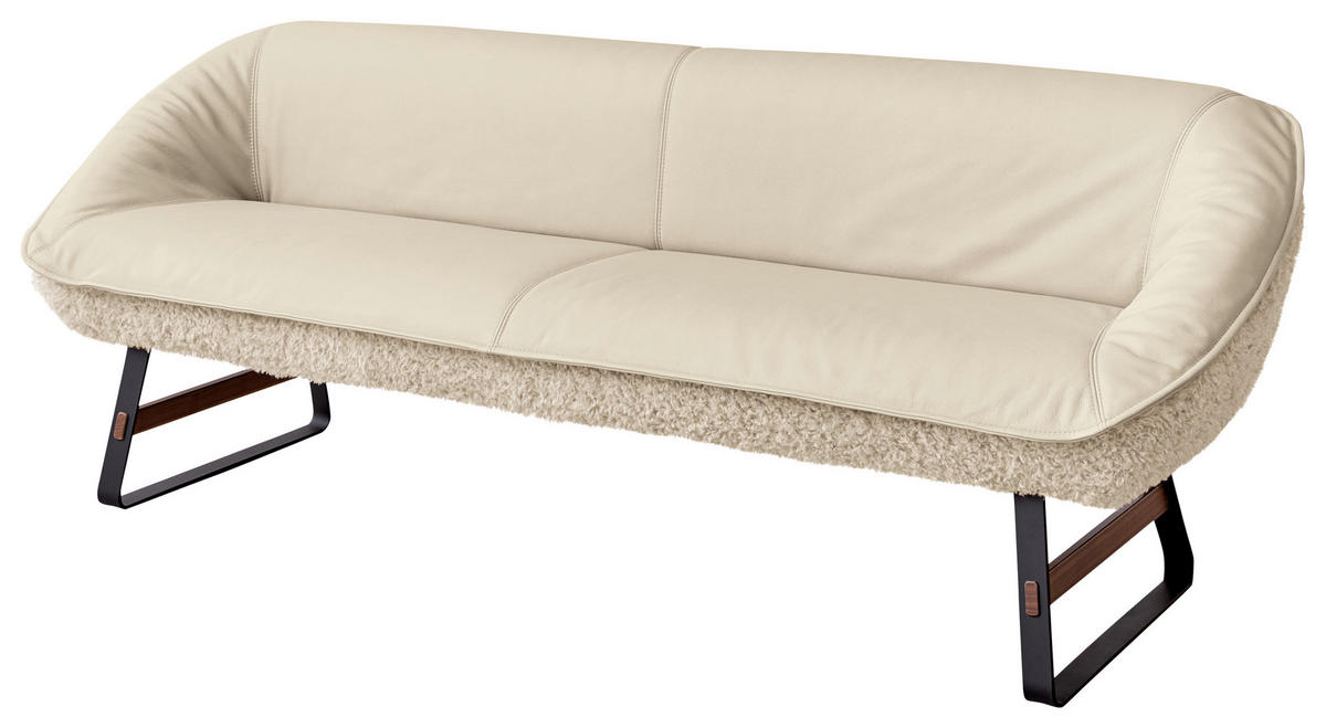 SITZBANK 229/88/80 cm Hochflor Echtleder Creme Holz, Metall  - Creme/Schwarz, Design, Leder/Holz (229/88/80cm) - Koinor