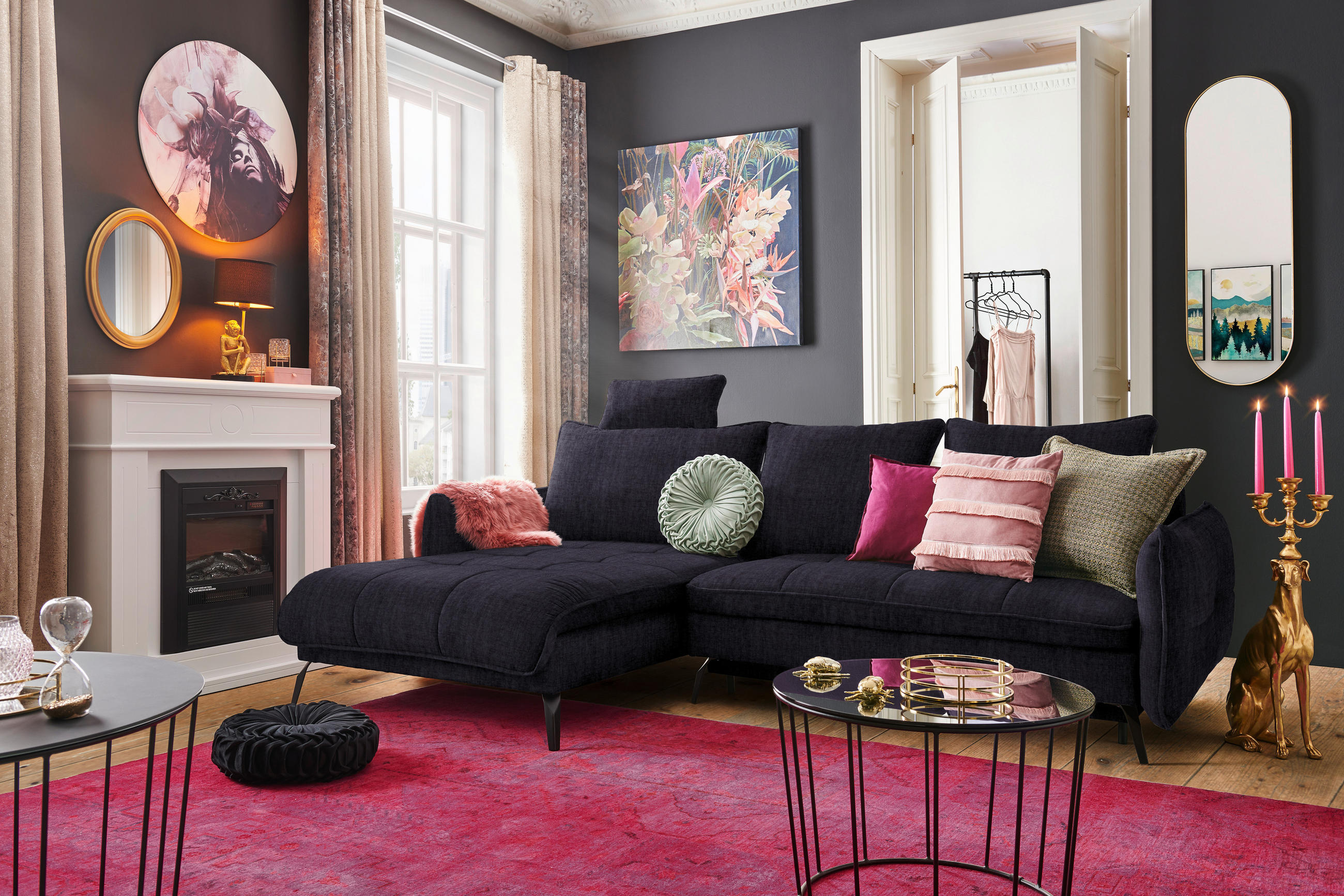 ECKSOFA in Flachgewebe Schwarz  - Schwarz, Design, Textil/Metall (180/273cm) - Hom`in