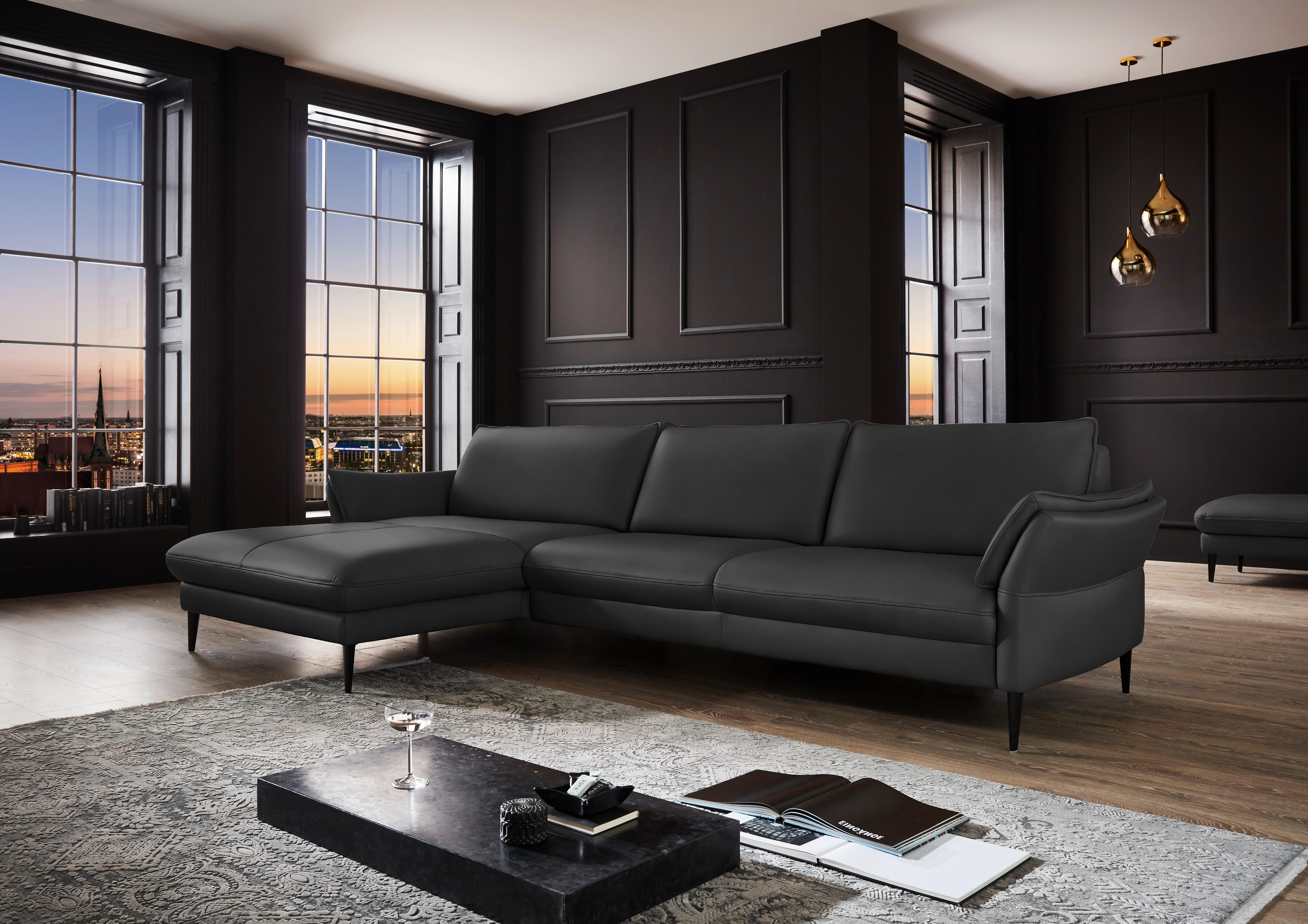 ECKSOFA in Echtleder Schwarz  - Schwarz, Design, Leder/Metall (172/334cm) - Hukla
