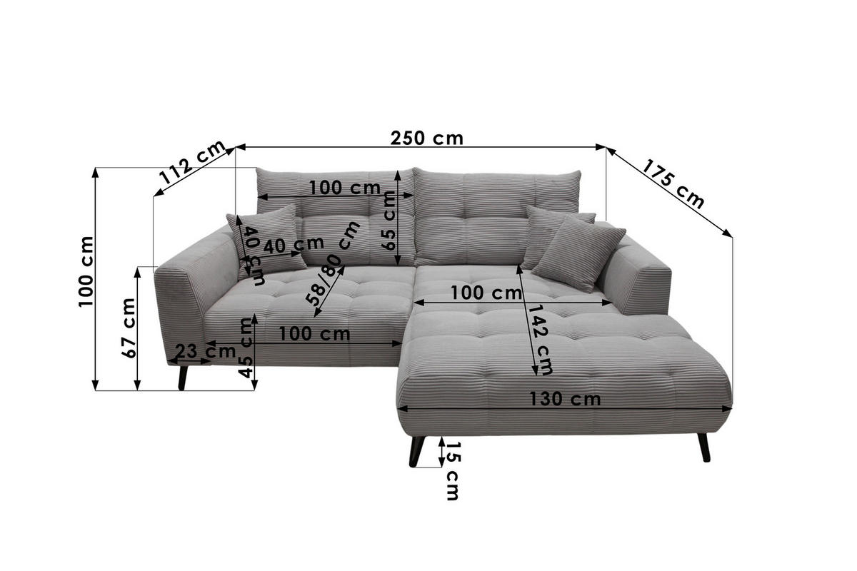 ECKSOFA Hellgrau Cord  - Hellgrau/Schwarz, KONVENTIONELL, Textil/Metall (175/250cm) - Carryhome