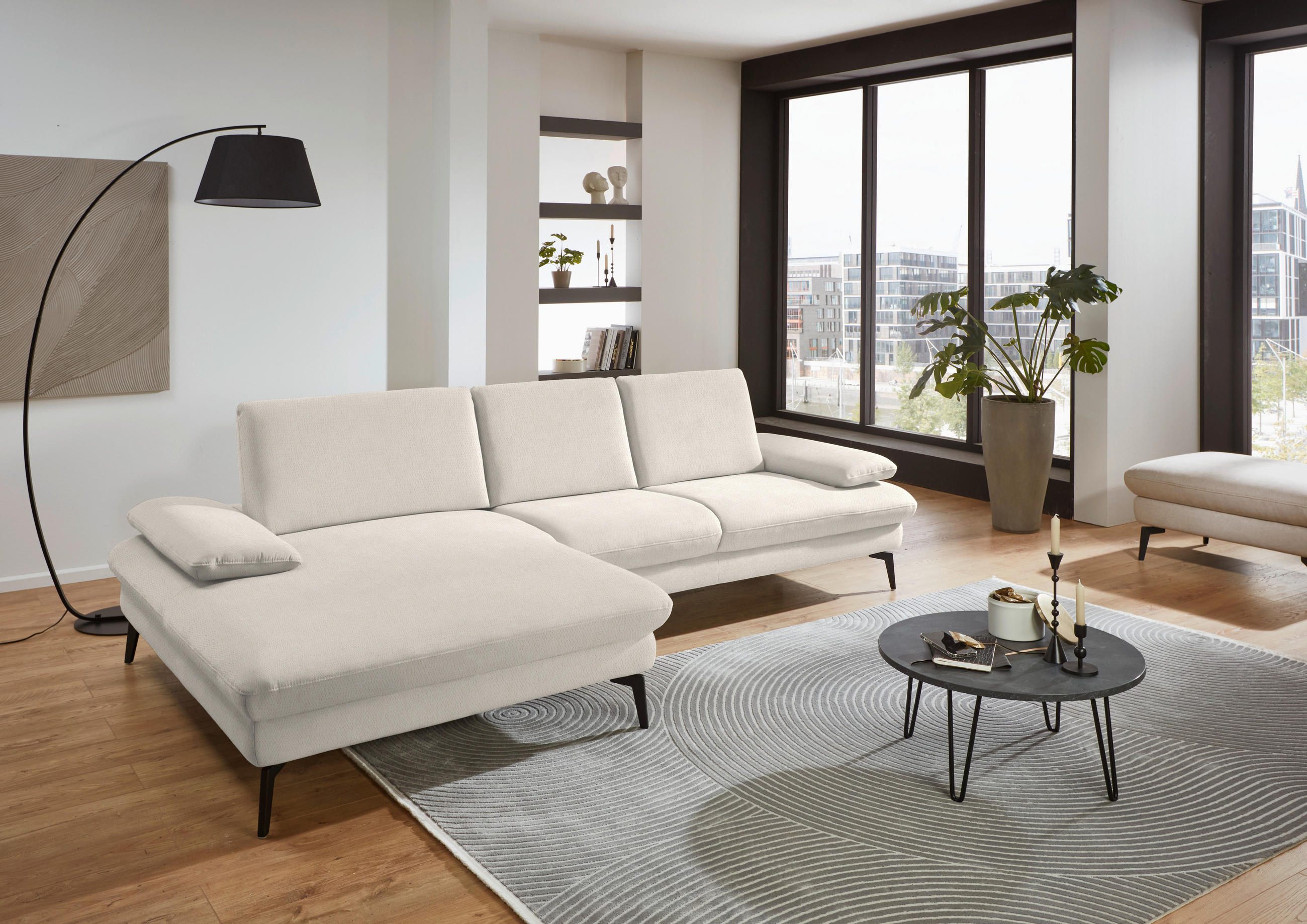 ECKSOFA in Chenille, Mikrofaser Creme  - Creme/Schwarz, Design, Textil/Metall (157/299cm) - Dieter Knoll